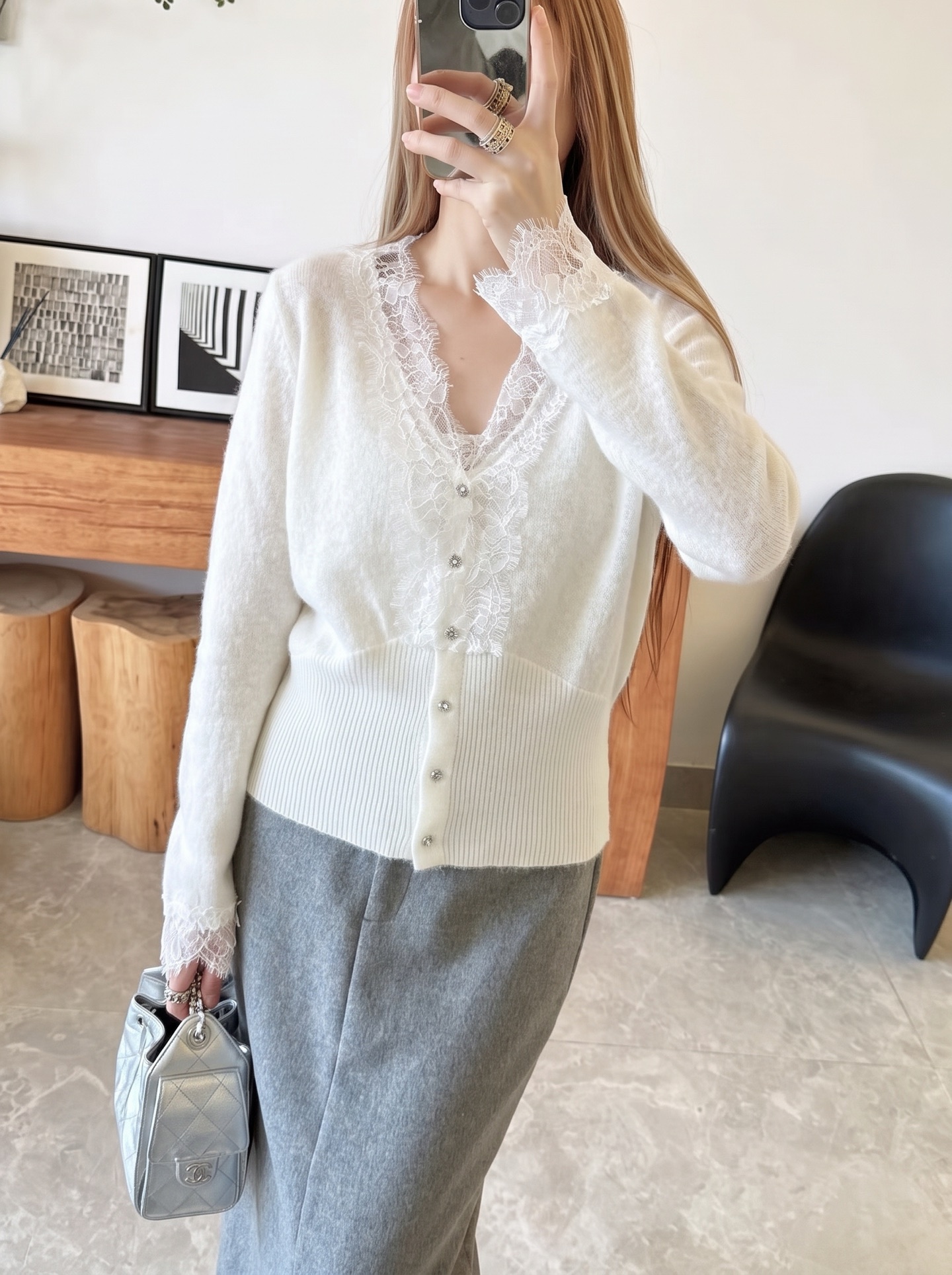 ES 26fw lace contract knit sweater