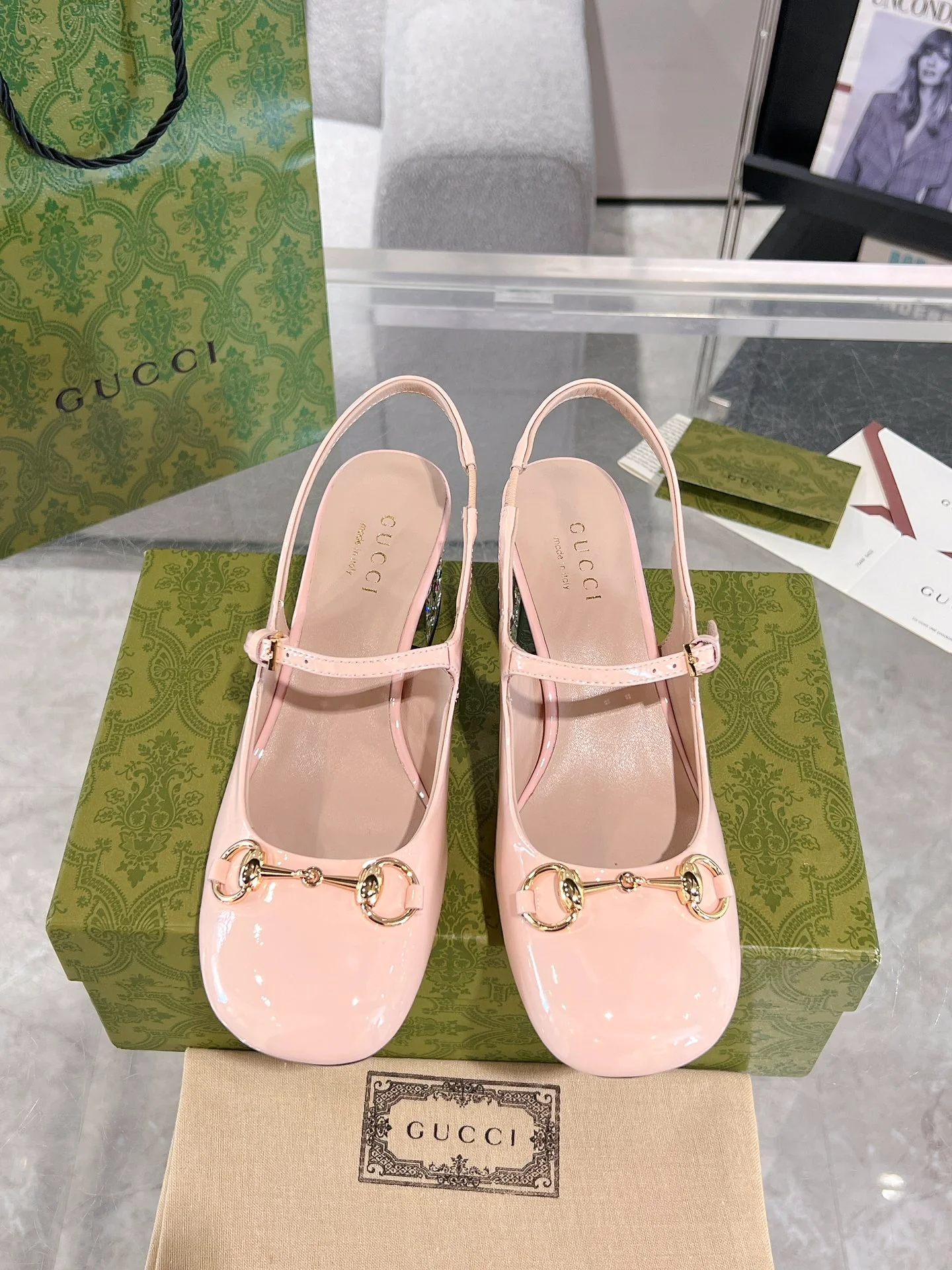 Gucc 26ss rhinestone slingback chunky heel