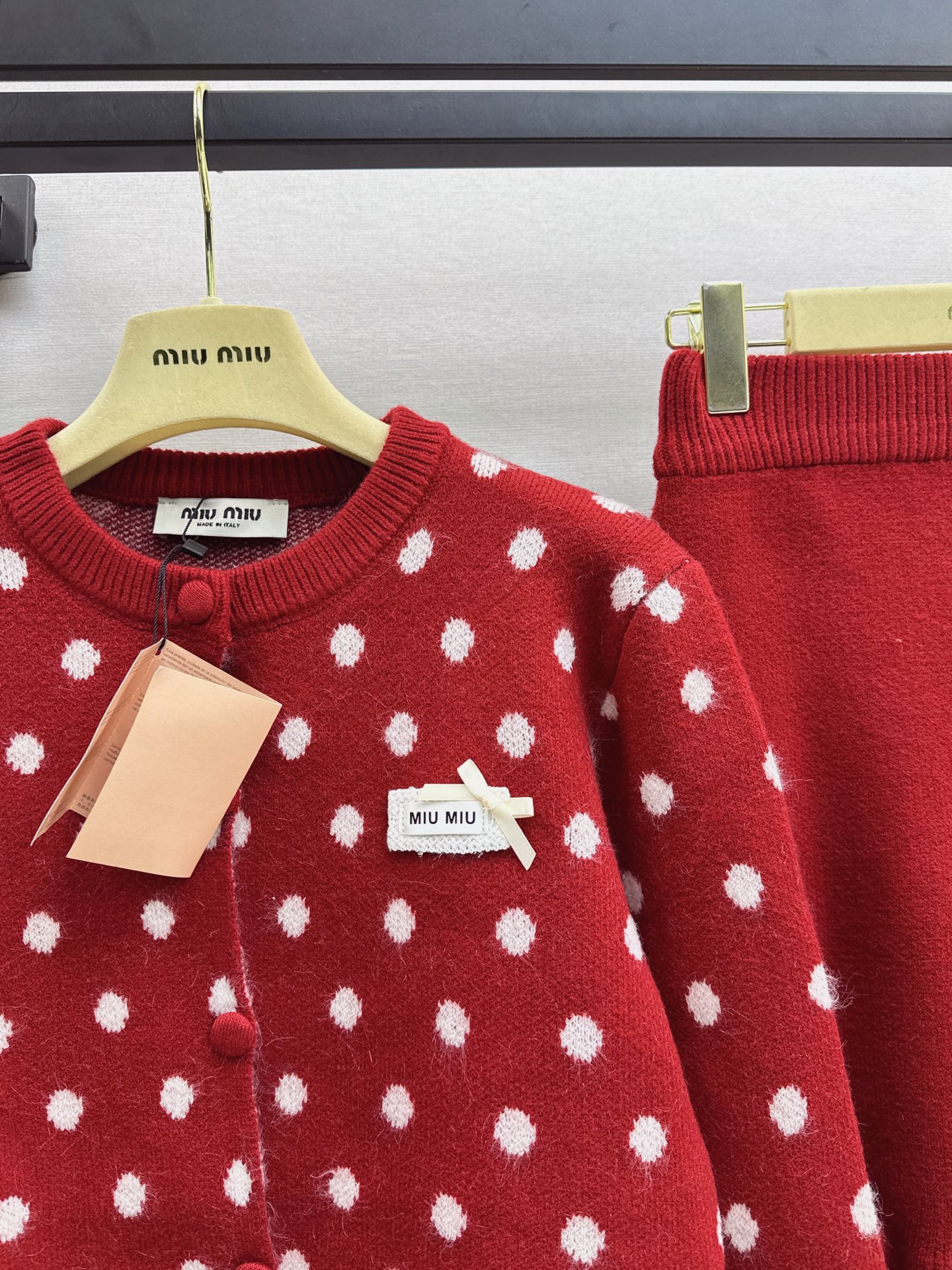 Miu 26fw polka-dot knit cardigan skirt sets