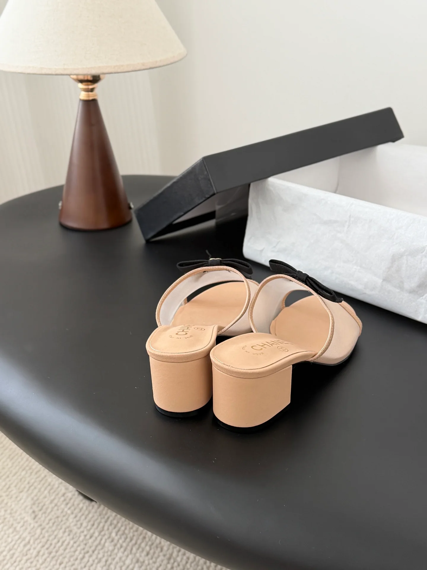 Chan 26ss bow mesh chunky heels slides