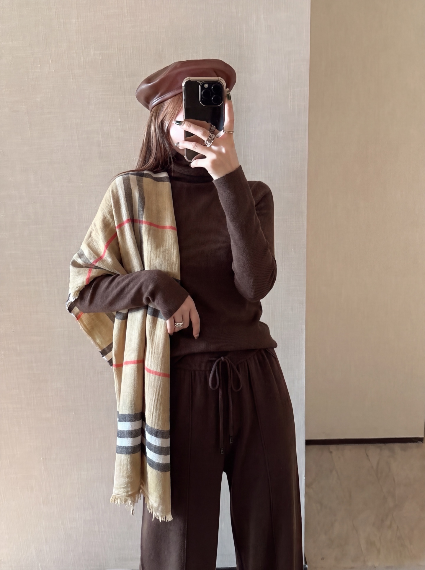Bur 26fw knit basic tee check shawls pants set