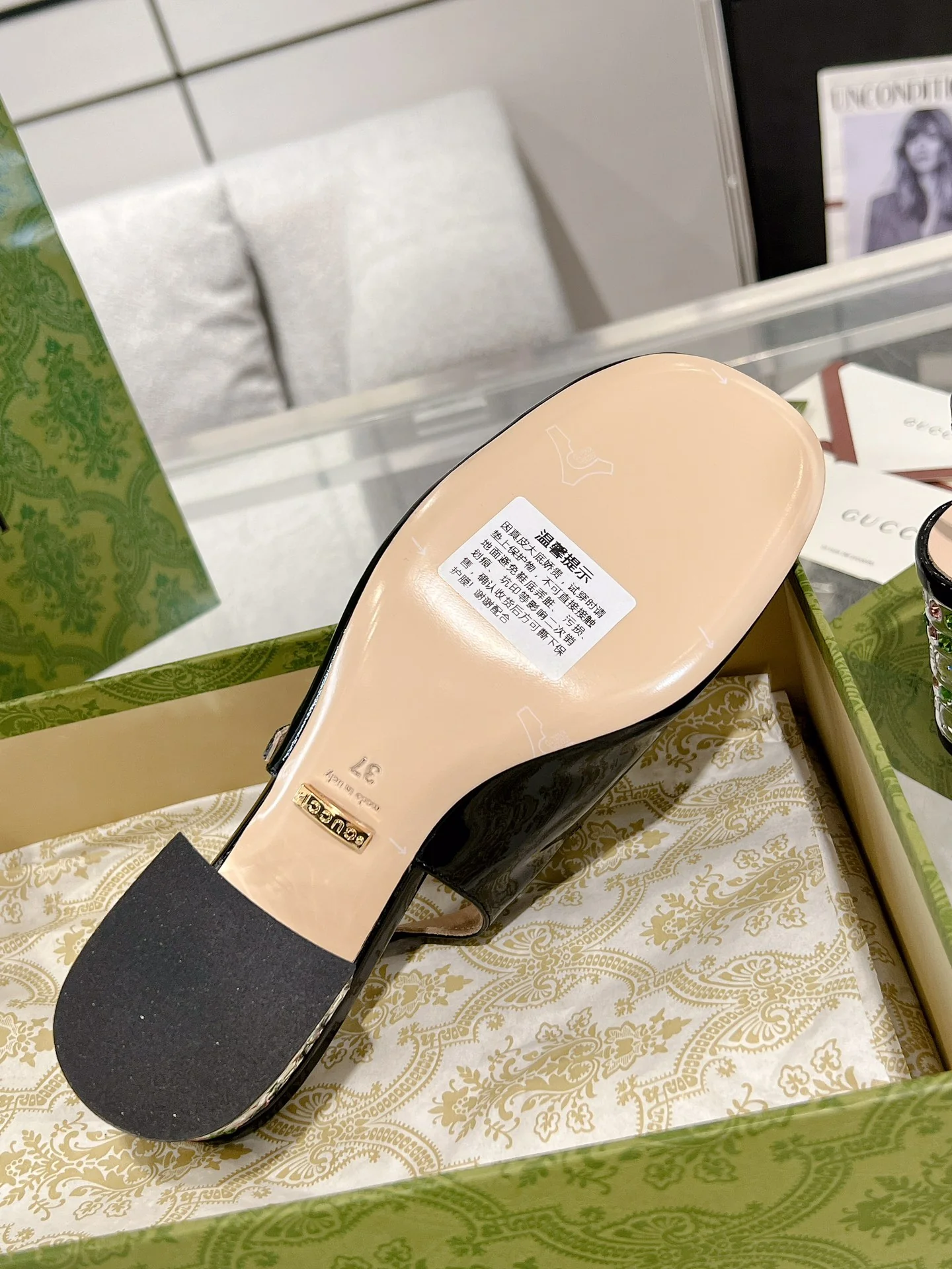 Gucc 26ss rhinestone slingback chunky heel
