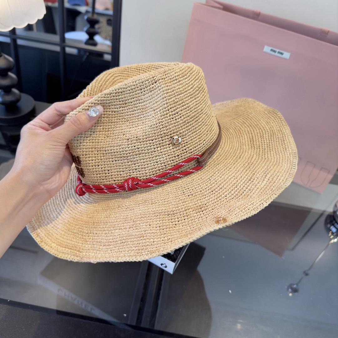 Miu Natural Raffia Wide-Brim Hat