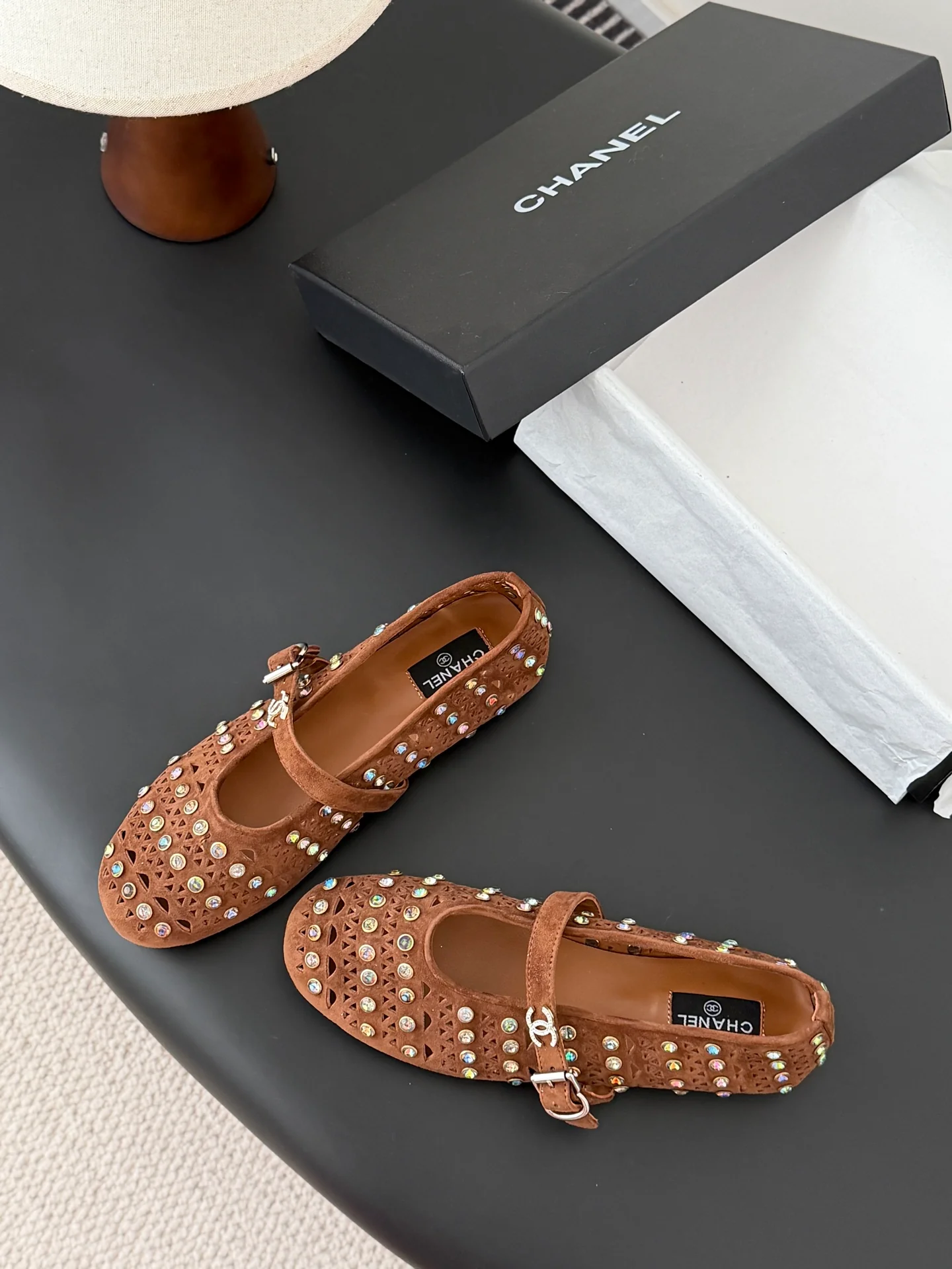 Chan 26ss mary jane hollow rhinestone shoes