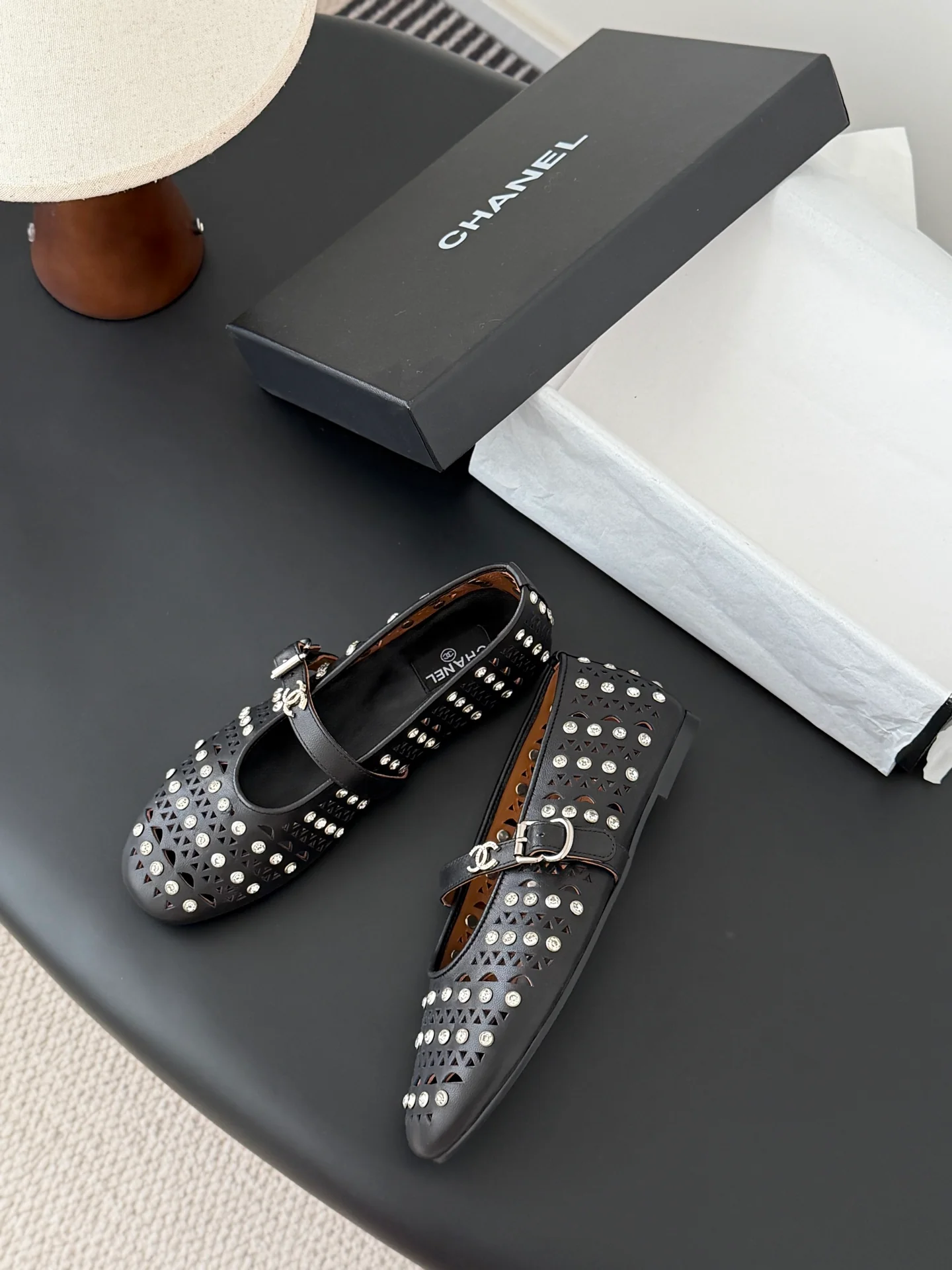 Chan 26ss mary jane hollow rhinestone shoes