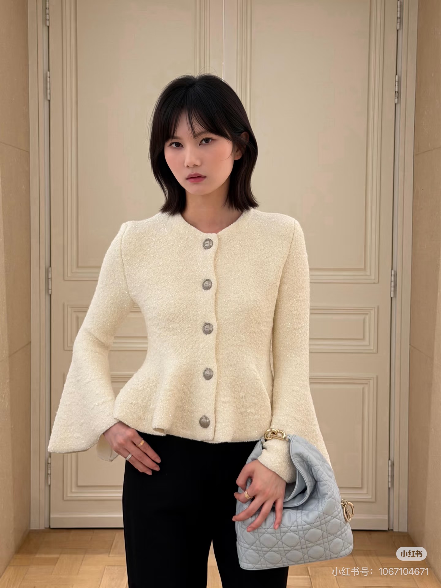 CD 26fw iridescent sequin bell-sleeve peplum knit jacket