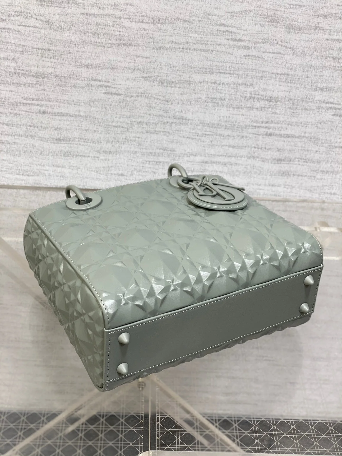 DO Mini Lady Bag  Stone Gray Diamond Pattern Calfskin