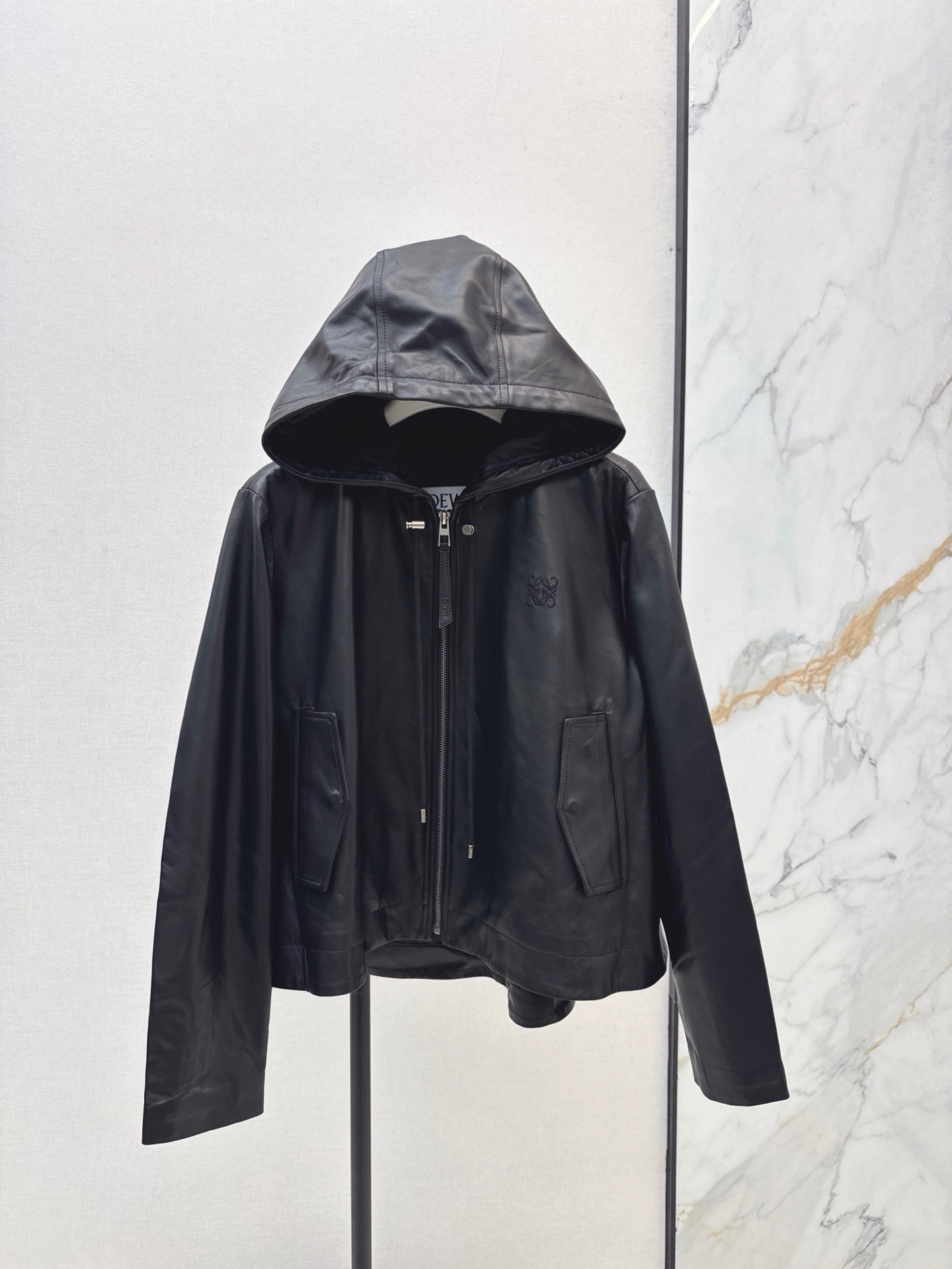 Loe 26fw leather hooded jacket