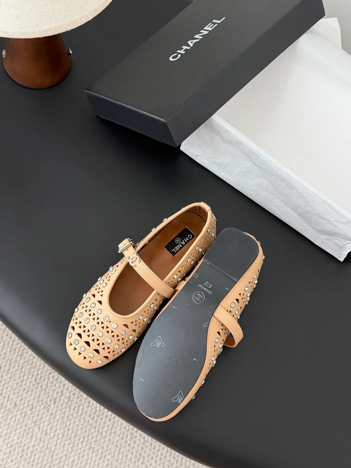 Chan 26ss mary jane hollow rhinestone shoes