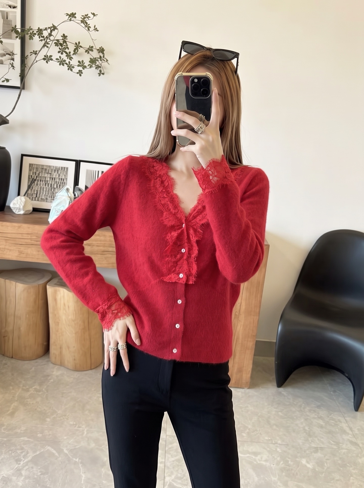 ES 26fw lace contract knit sweater