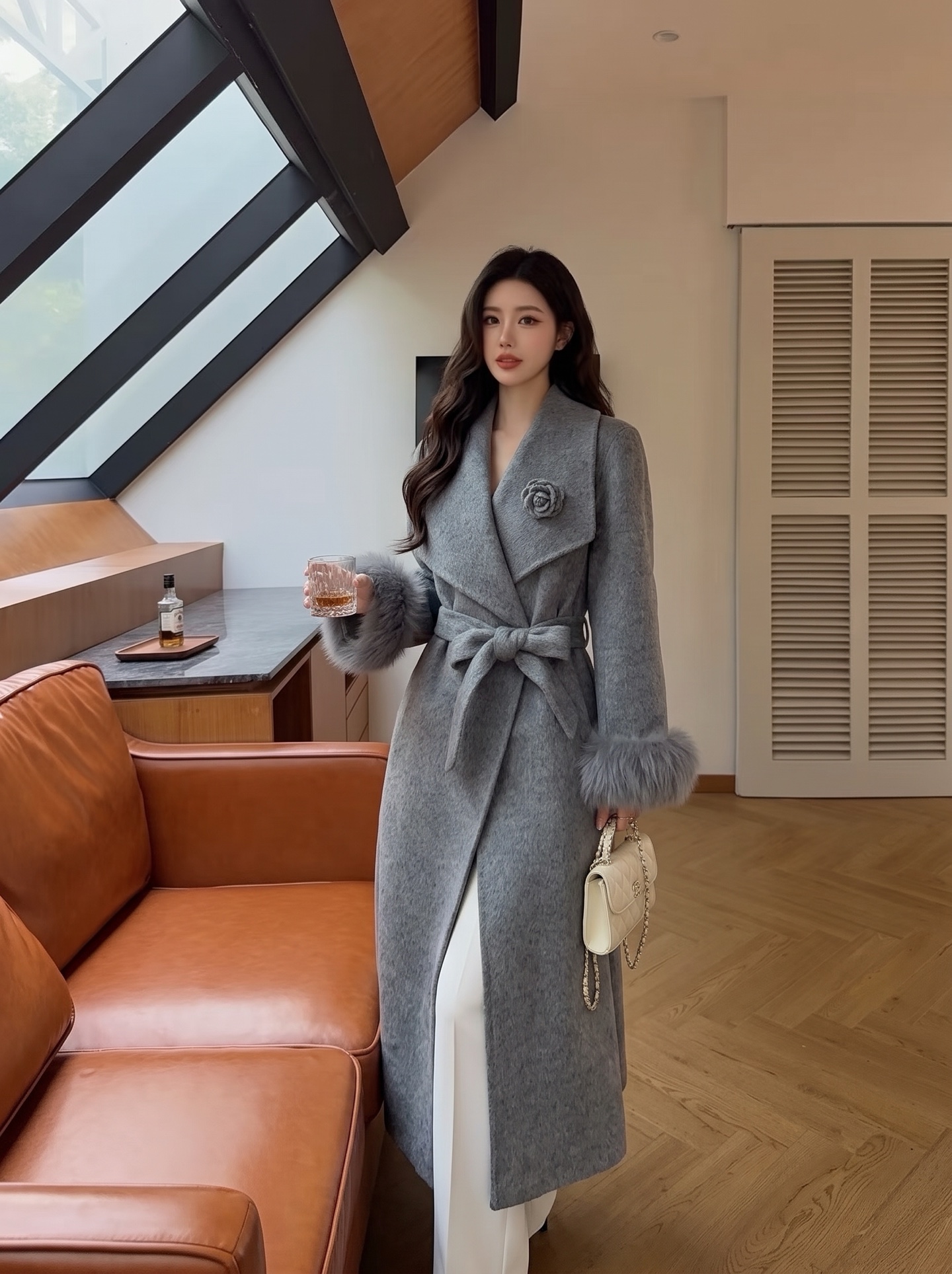Chan 26fw belted long coat with fur-effect cuffs
