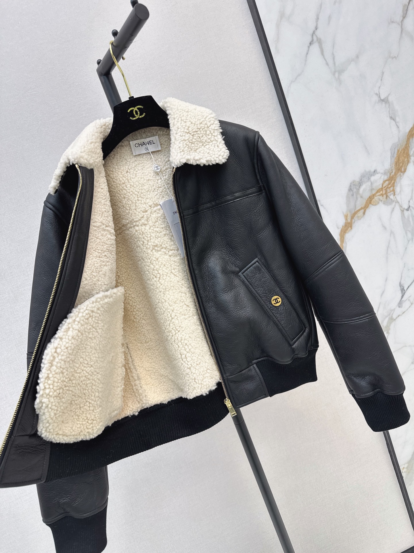 Chan 26fw leather look bomber jacket