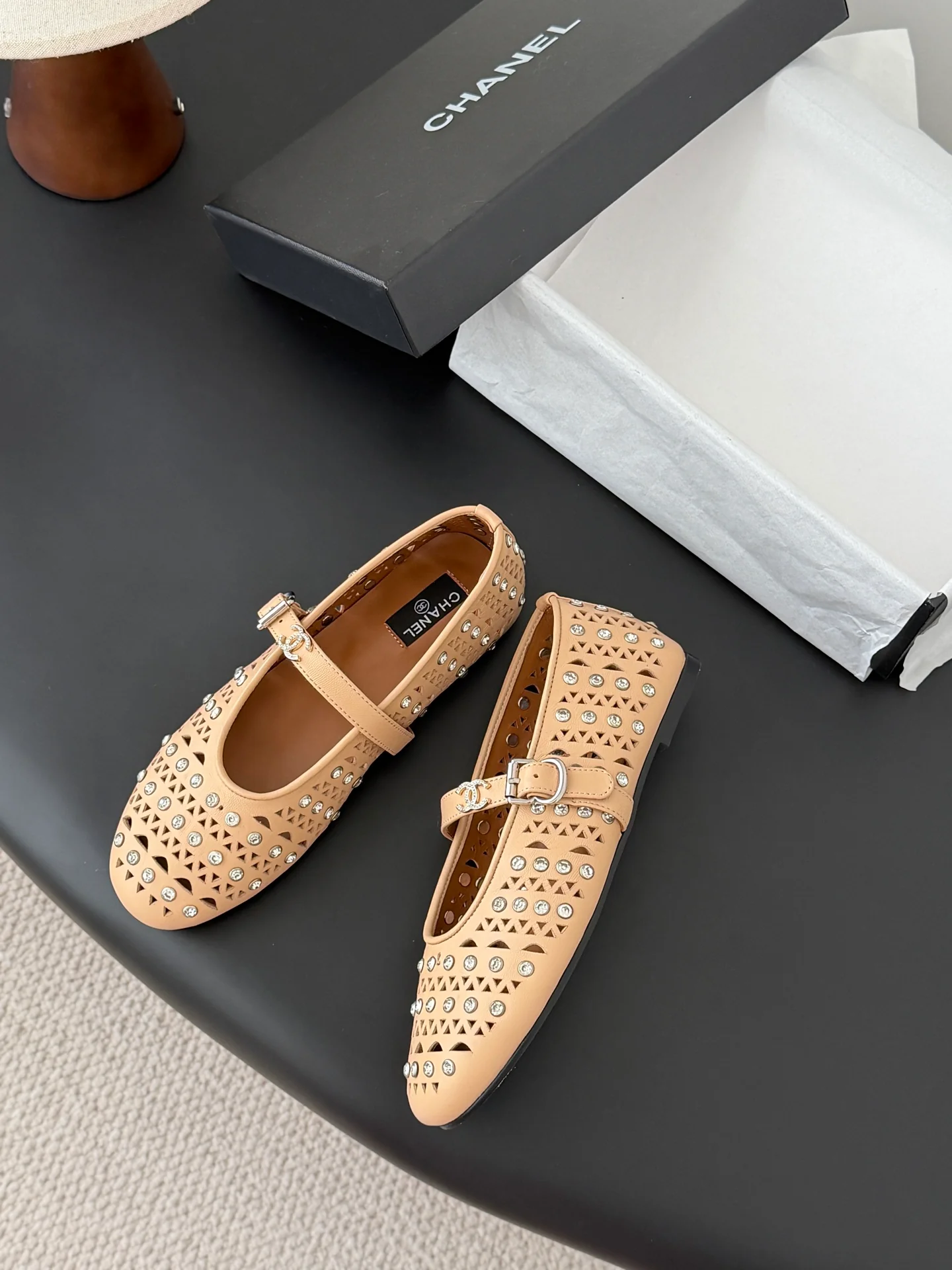Chan 26ss mary jane hollow rhinestone shoes