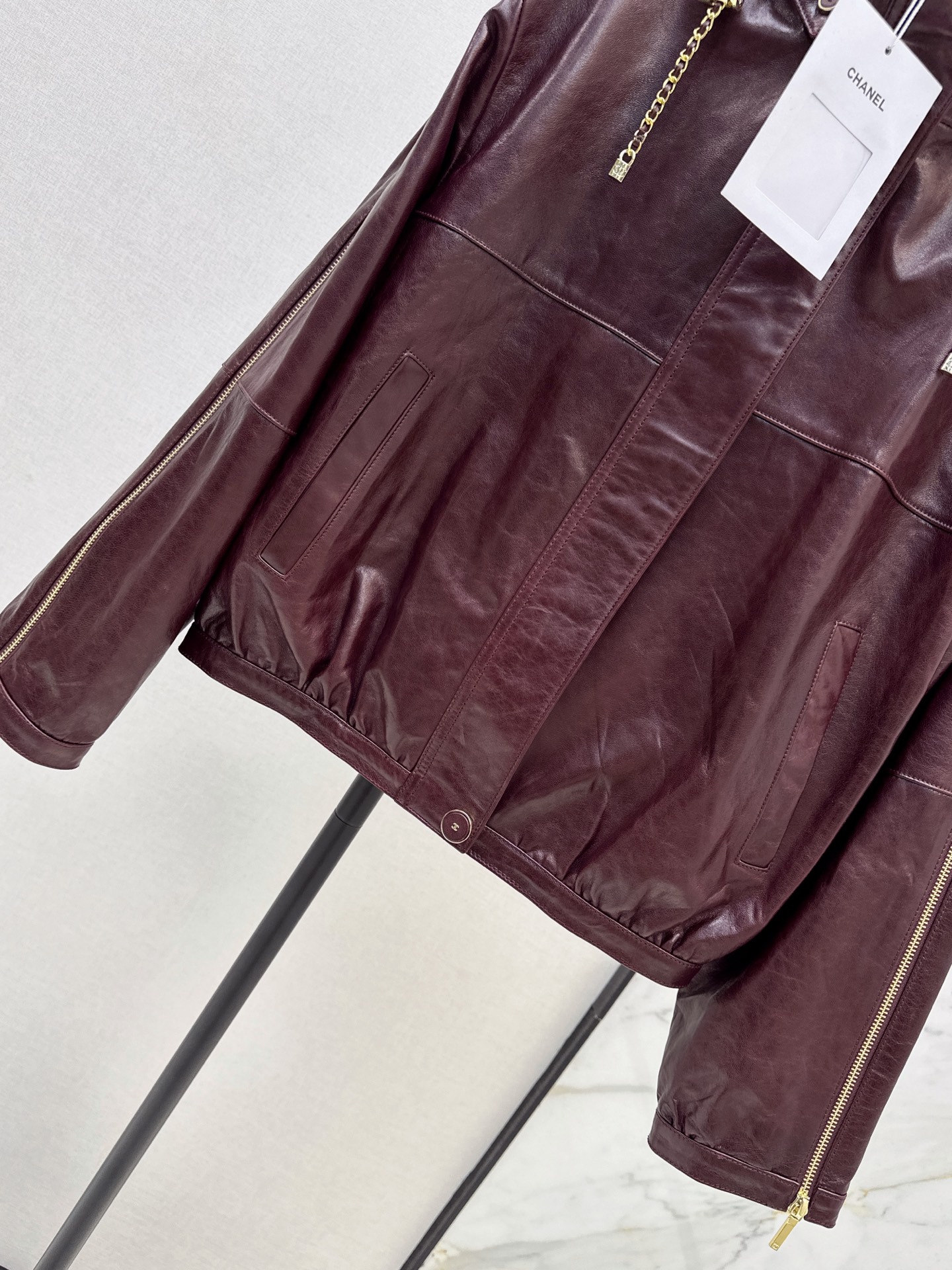 Chan 26ss leather hooded jacket
