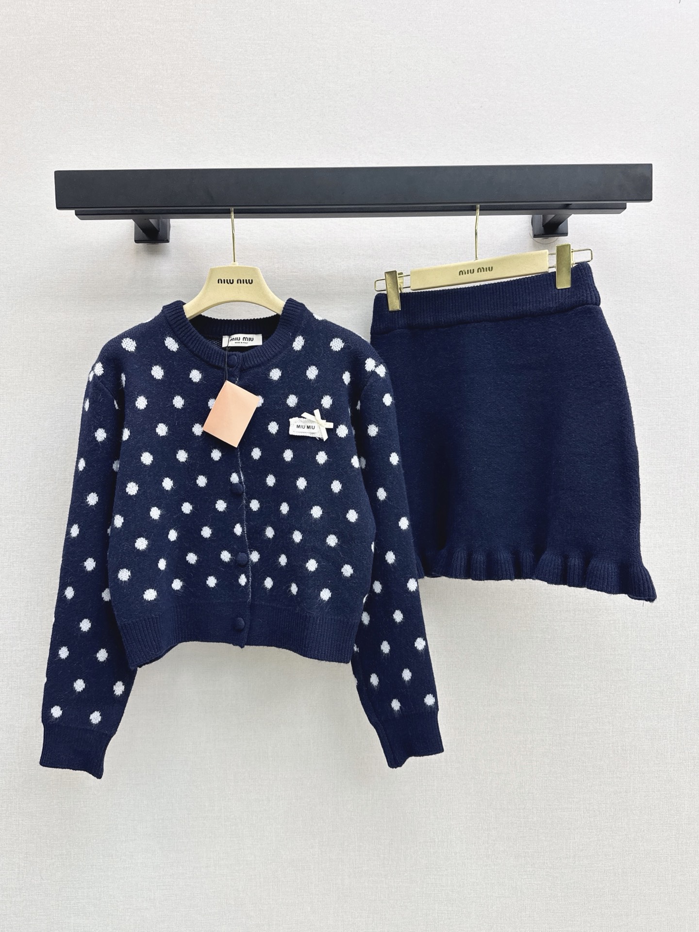 Miu 26fw polka-dot knit cardigan skirt sets
