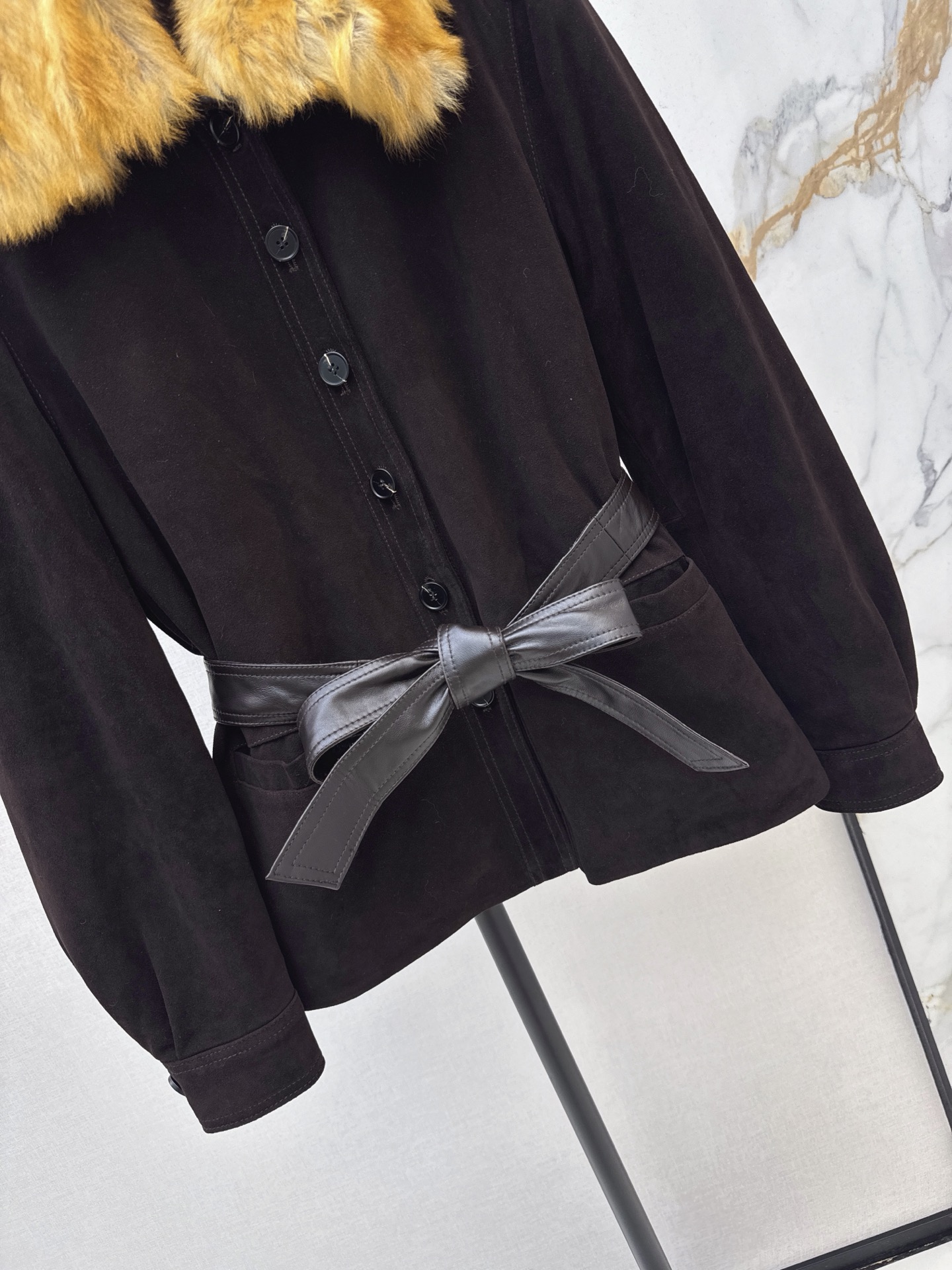 Sain 26fw suede fleece belted leather jacket