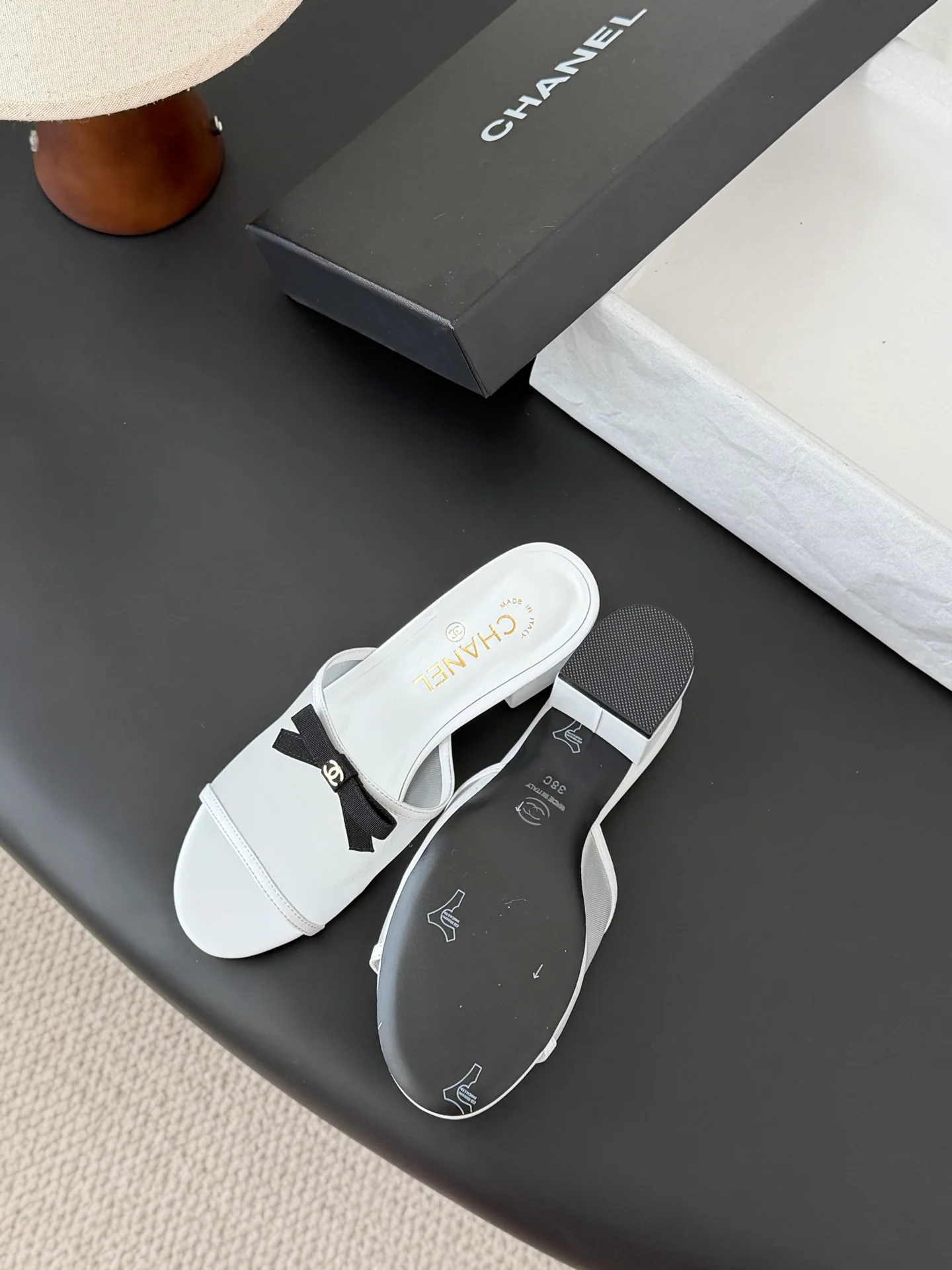 Chan 26ss bow mesh chunky heels slides