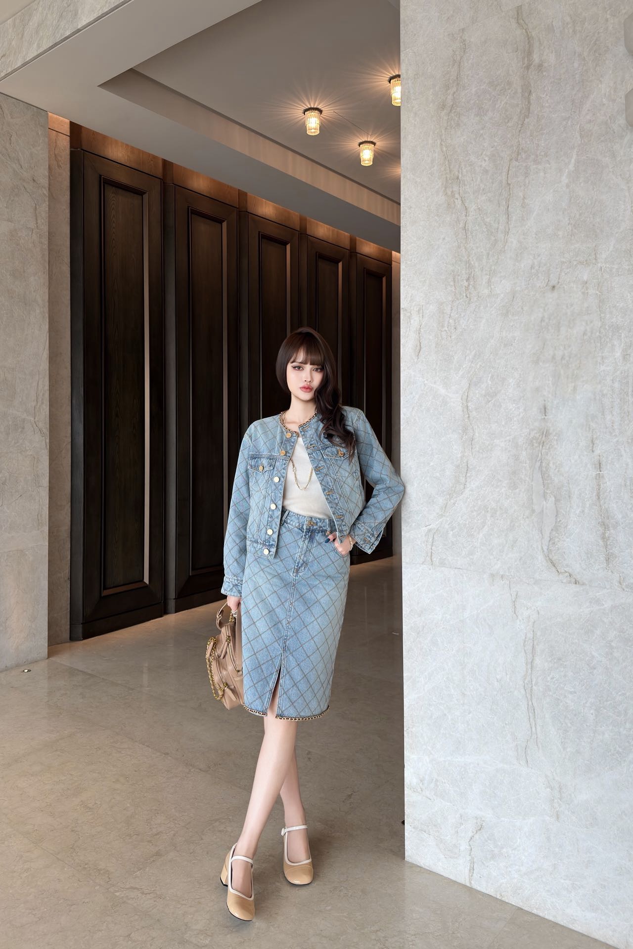 Chan 26fw diamond pattern denim skirt