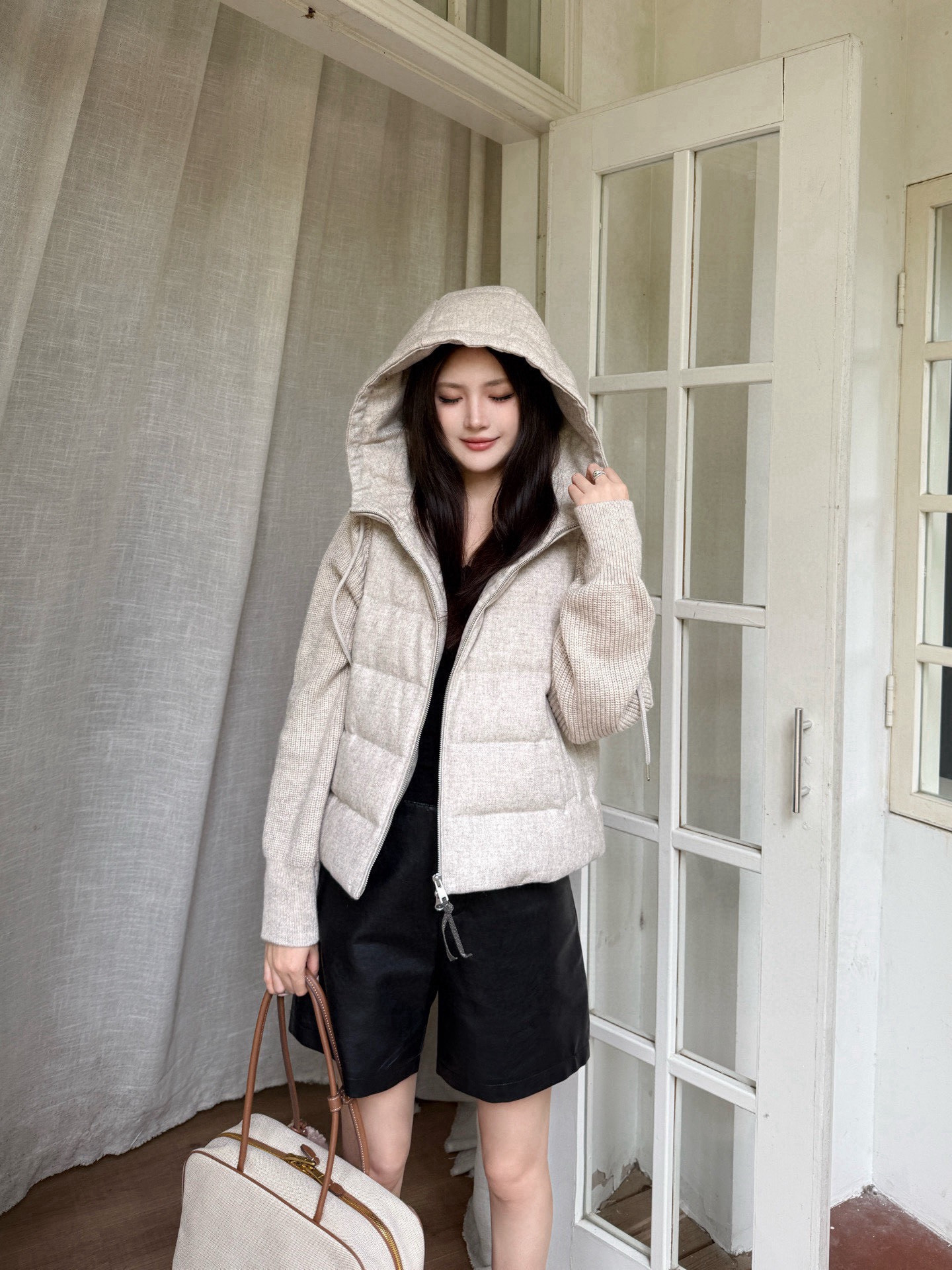Brun 26fw knit contaract hooded down jacket