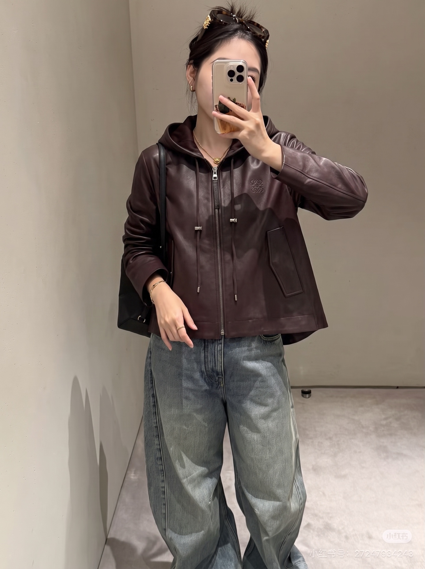 Loe 26fw leather hooded jacket