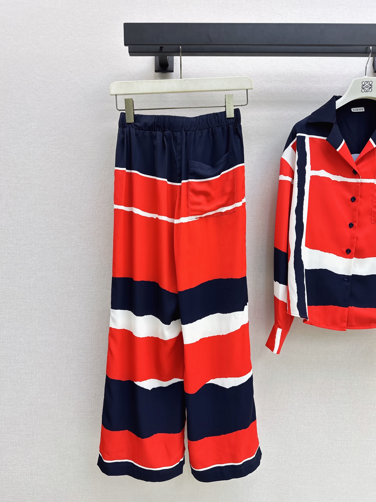 Loe 26fw stripe print shirt wied-leg pants sets