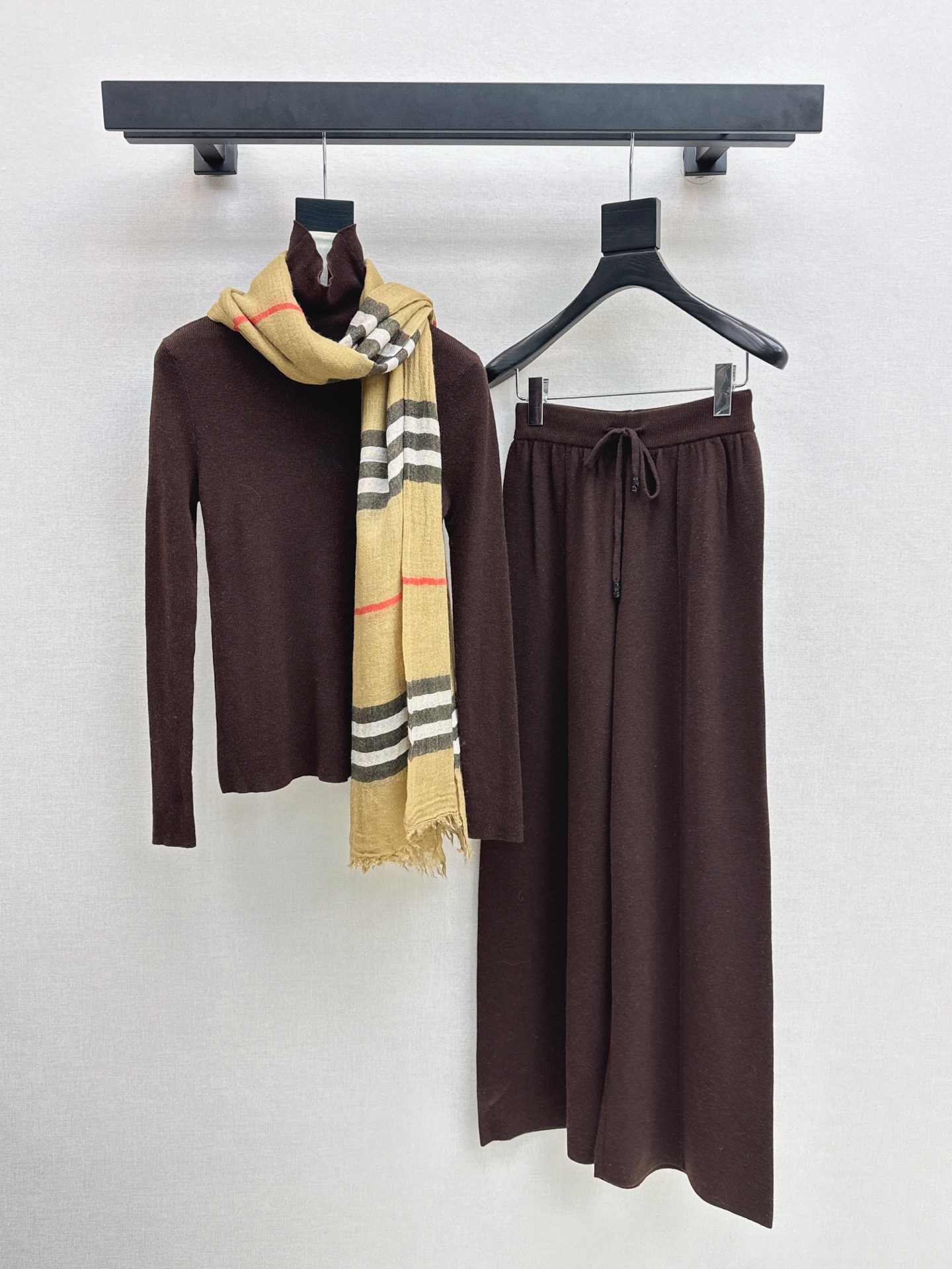 Bur 26fw knit basic tee check shawls pants set
