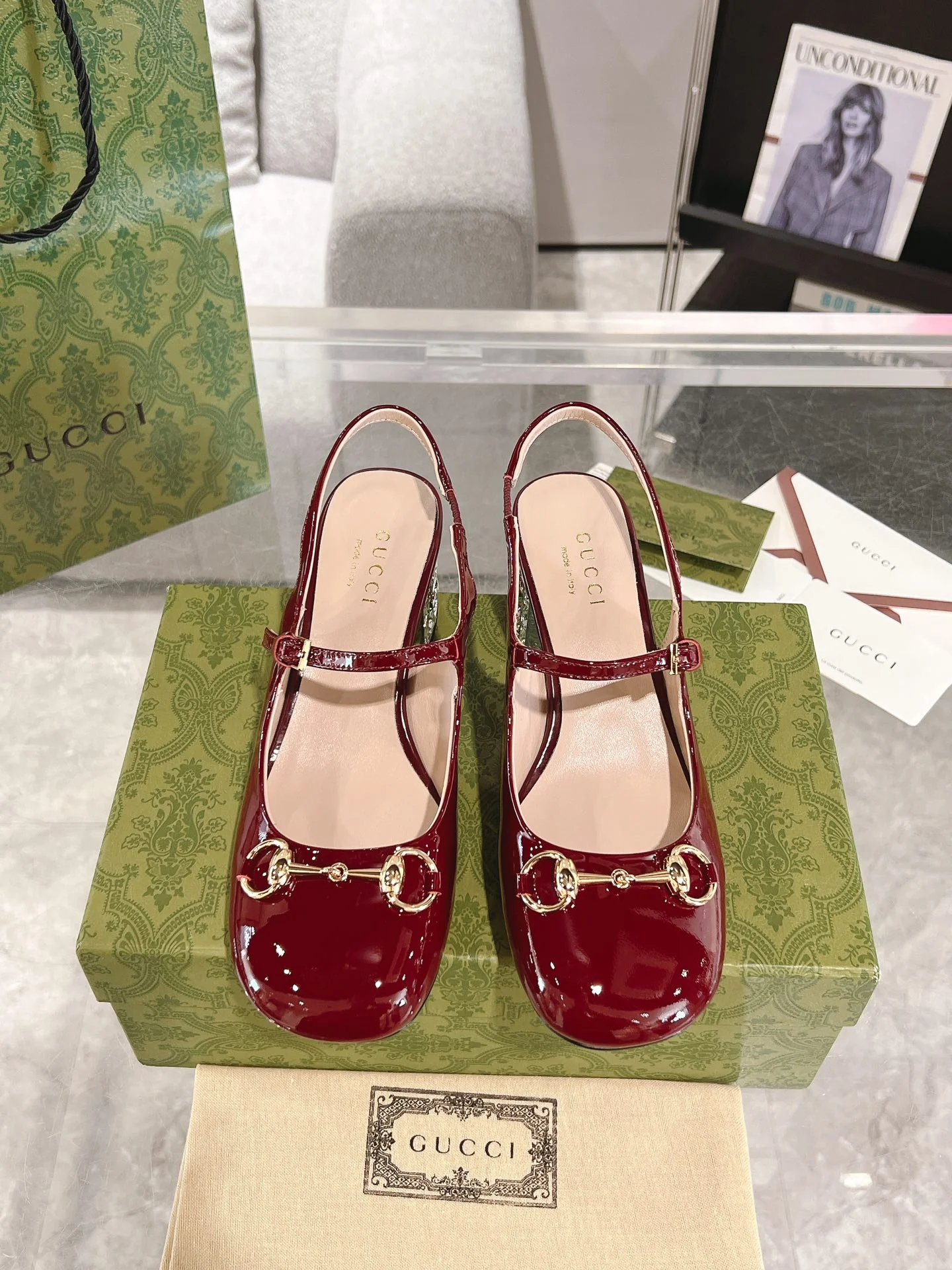 Gucc 26ss rhinestone slingback chunky heel