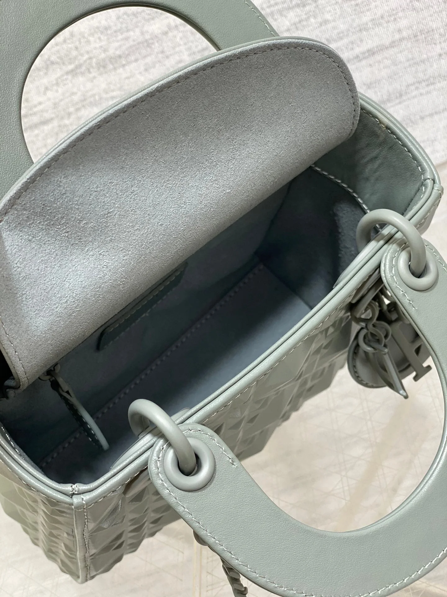 DO Mini Lady Bag  Stone Gray Diamond Pattern Calfskin