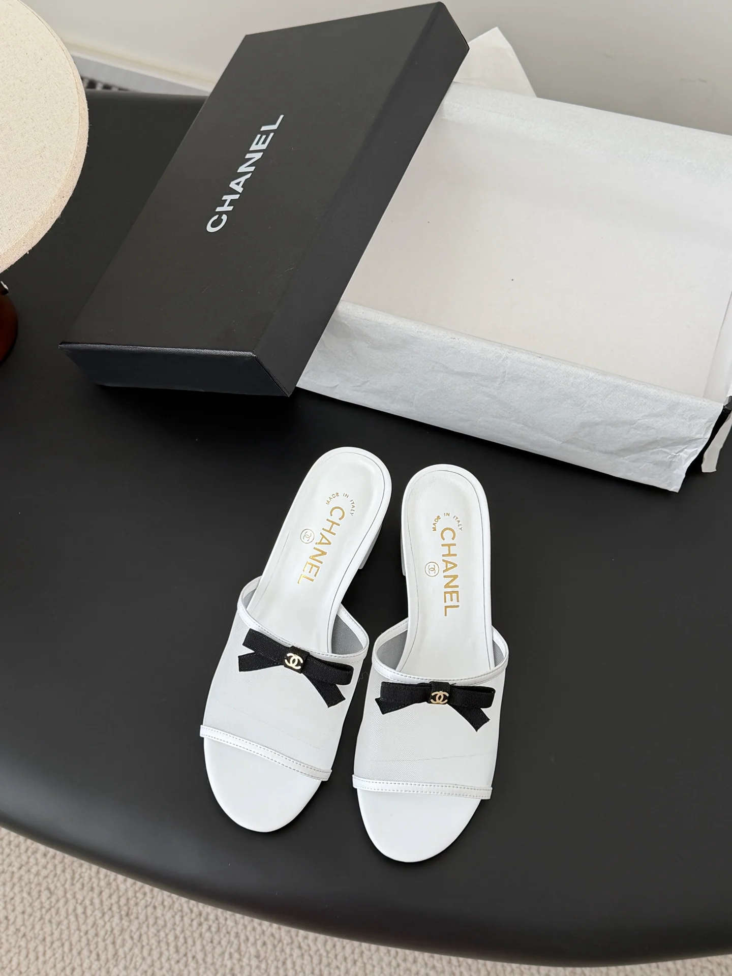 Chan 26ss bow mesh chunky heels slides