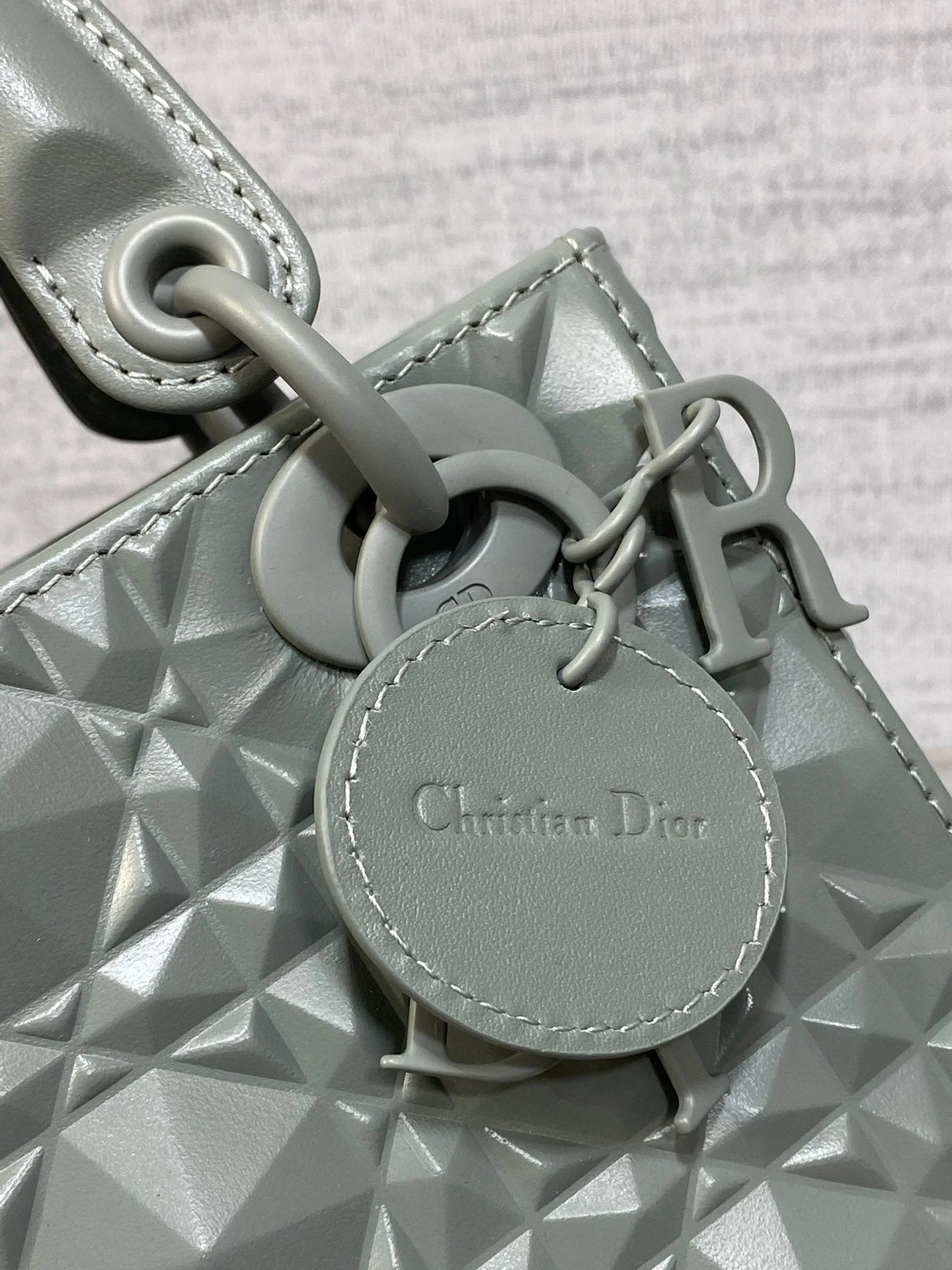 DO Mini Lady Bag  Stone Gray Diamond Pattern Calfskin