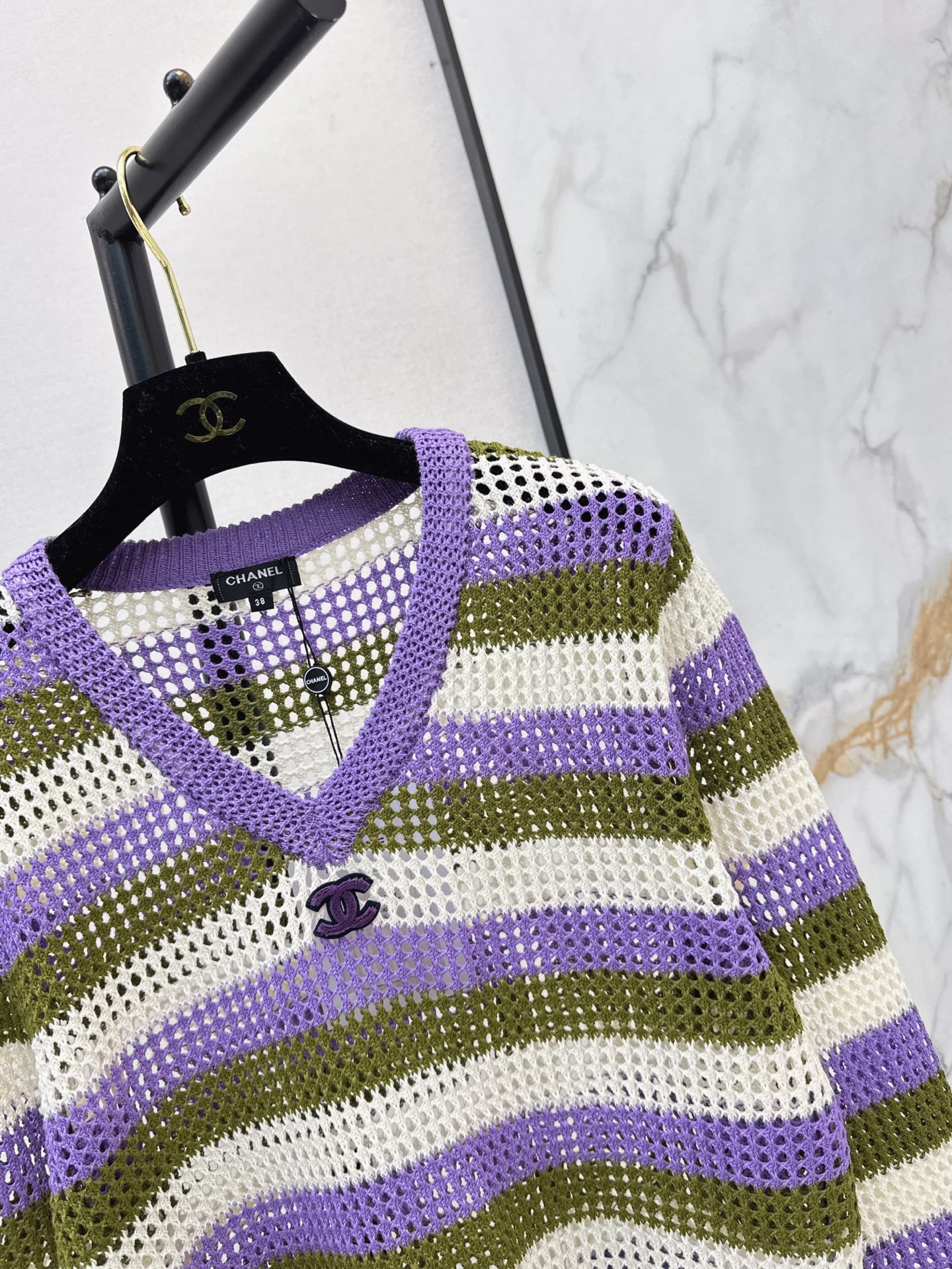 Chan 26fw stripe hollow knit sweater