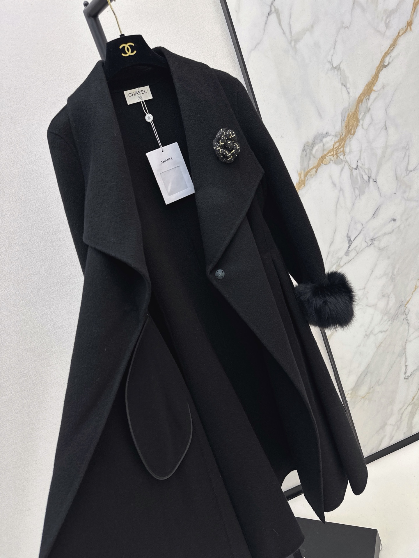 Chan 26fw belted long coat with fur-effect cuffs