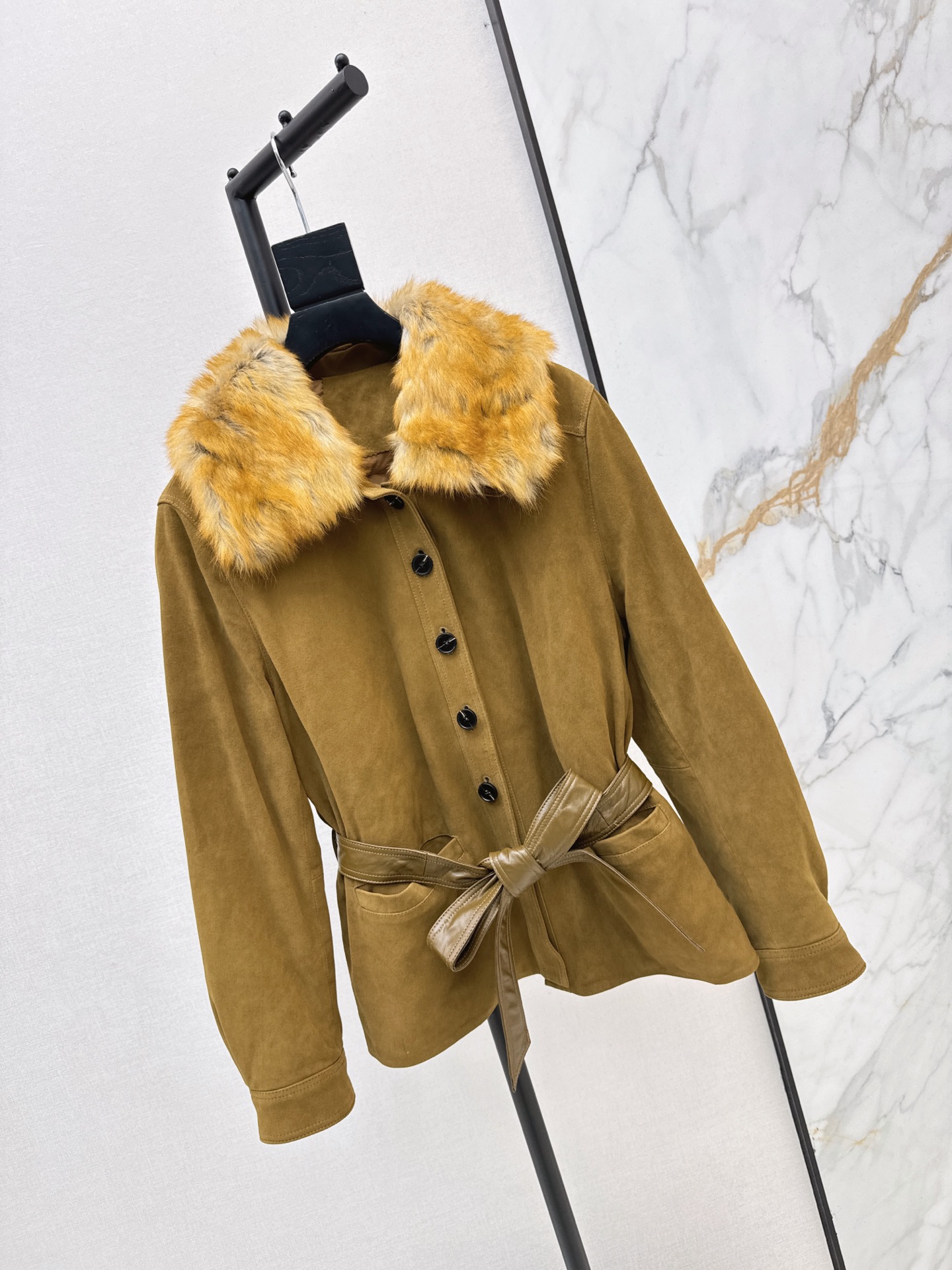 Sain 26fw suede fleece belted leather jacket