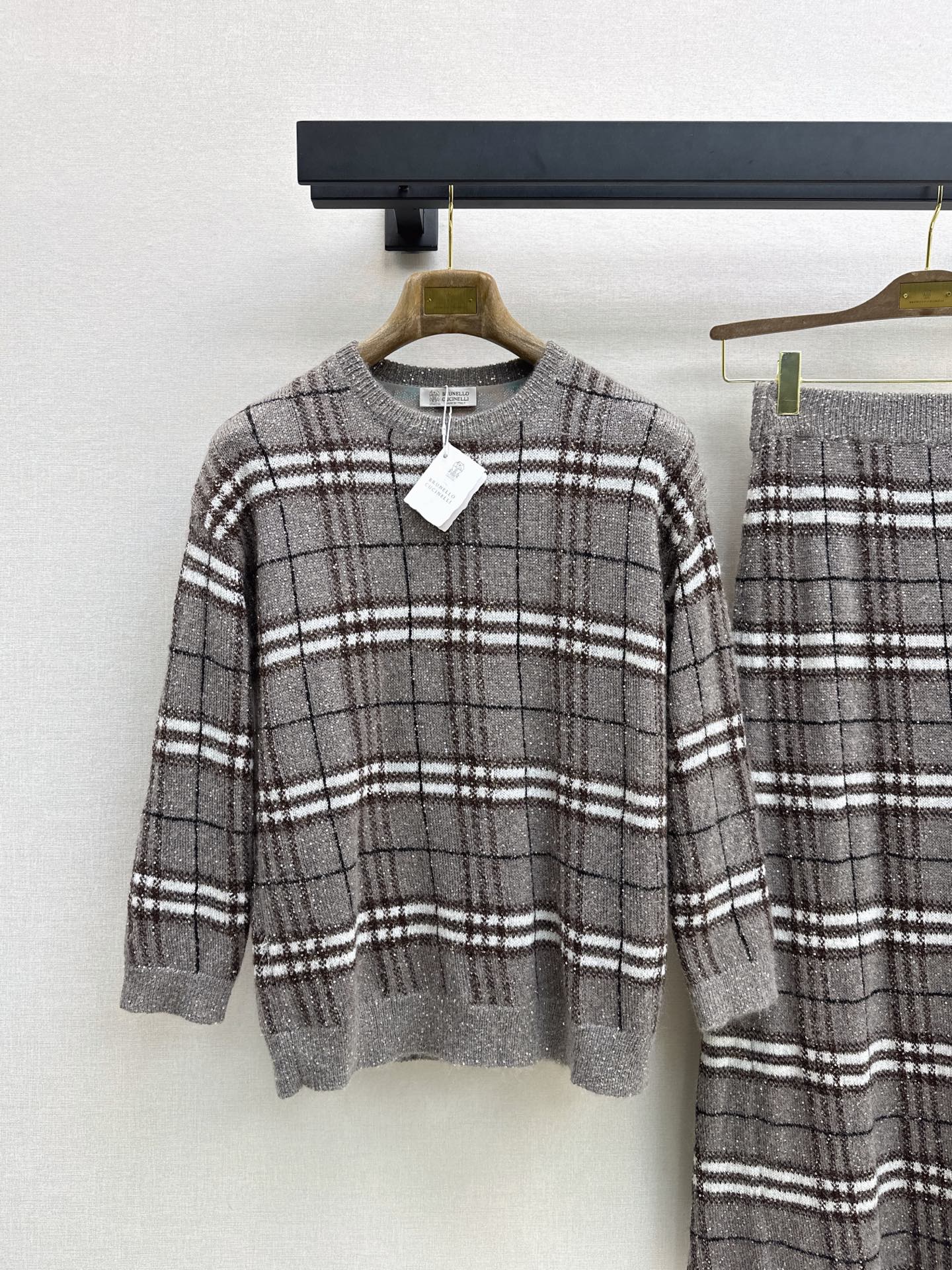Brun 26fw check sweater skirt sets