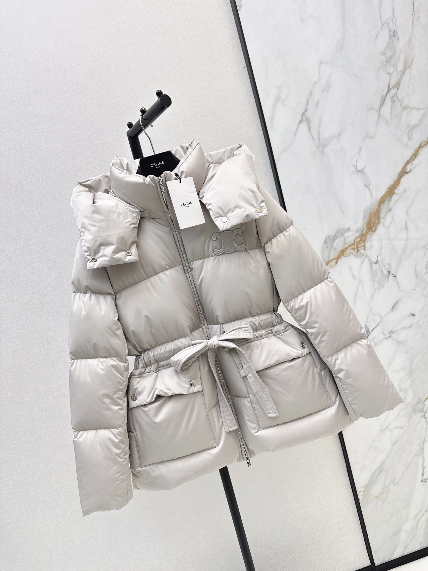 Celi 26fw hooded belted down jacket