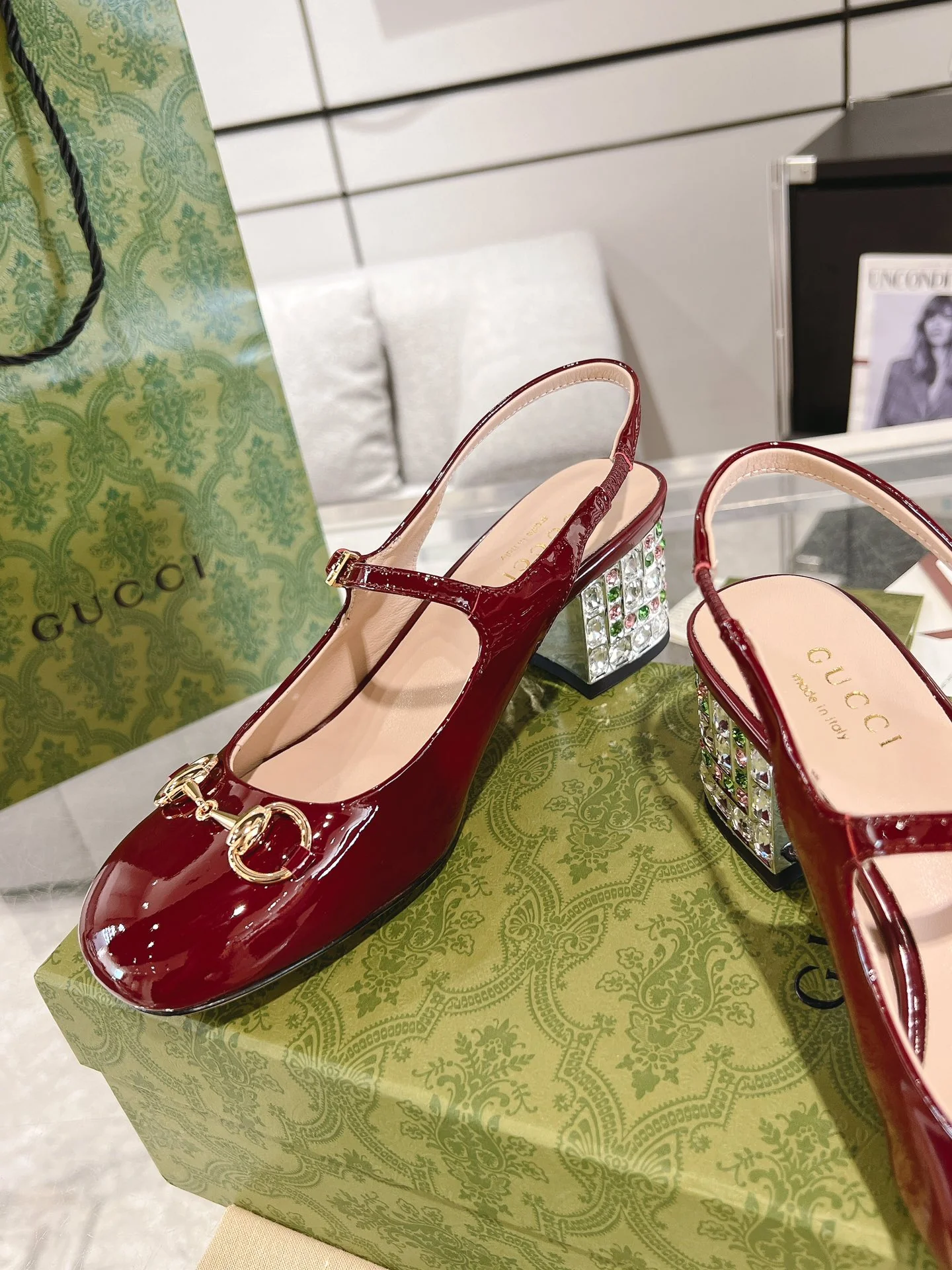 Gucc 26ss rhinestone slingback chunky heel