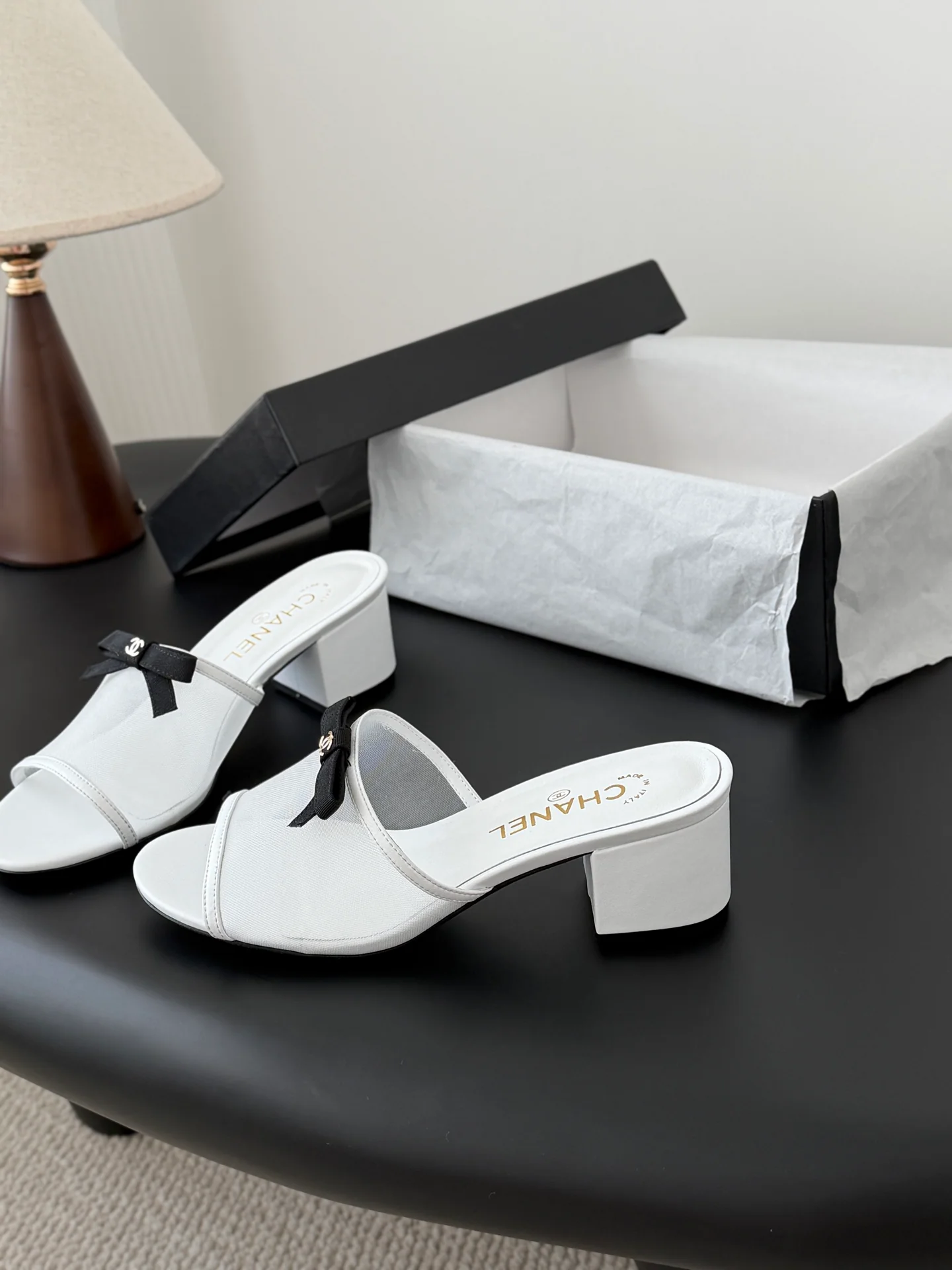 Chan 26ss bow mesh chunky heels slides