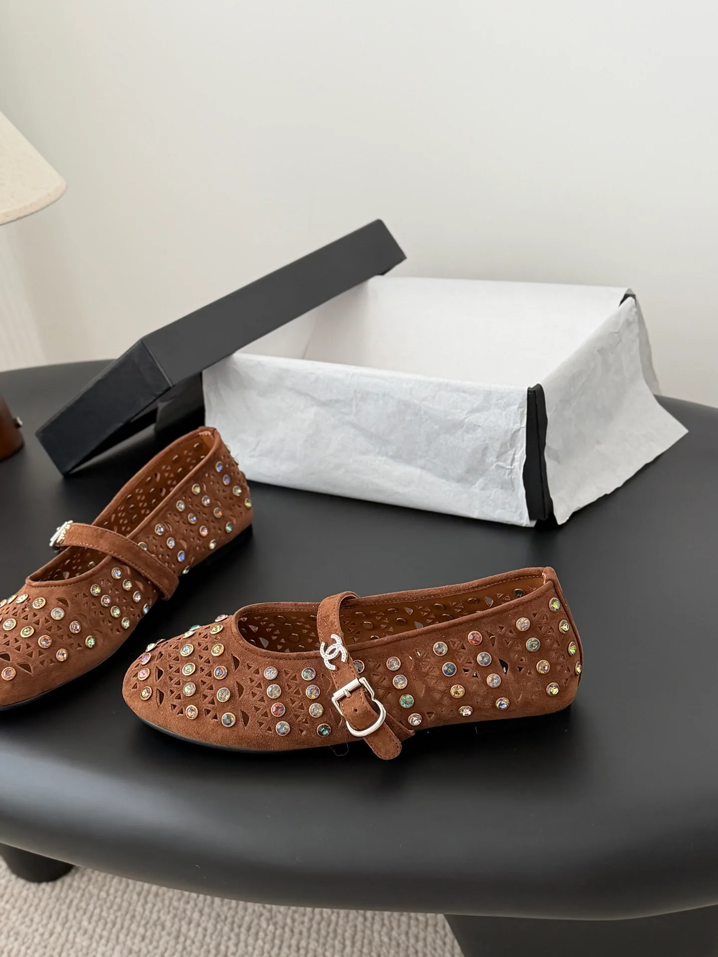 Chan 26ss mary jane hollow rhinestone shoes