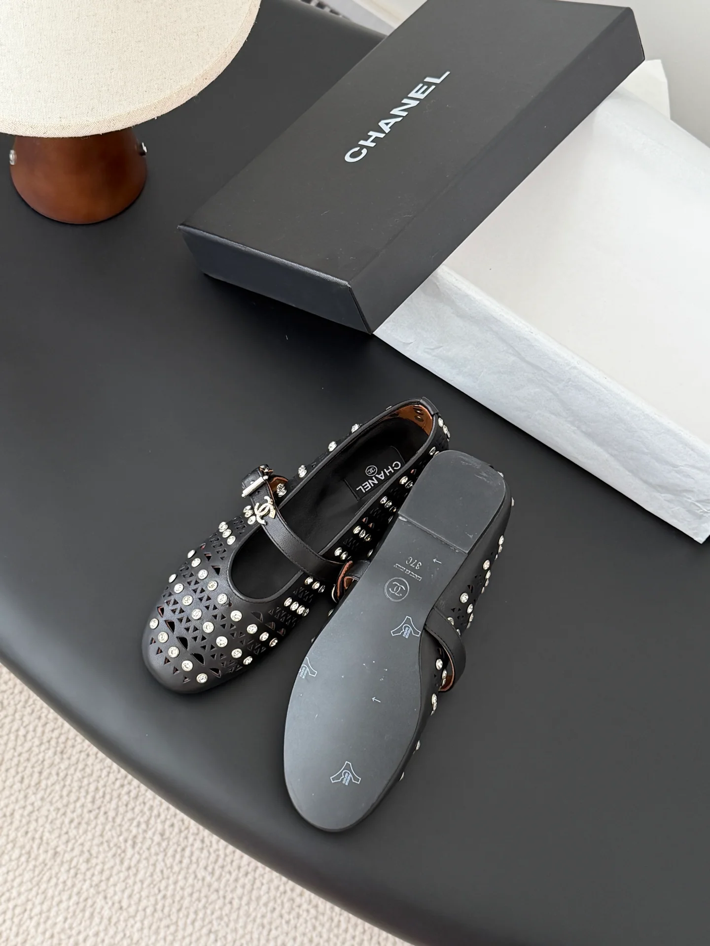 Chan 26ss mary jane hollow rhinestone shoes
