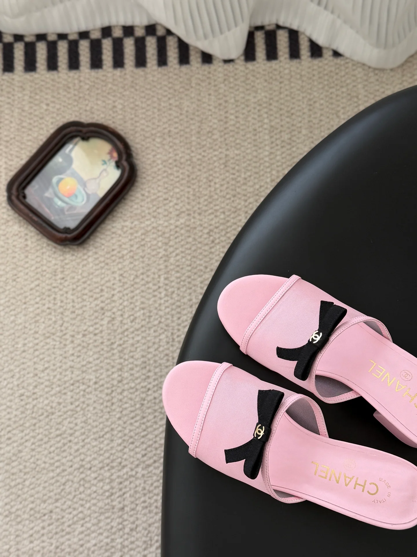 Chan 26ss bow mesh chunky heels slides