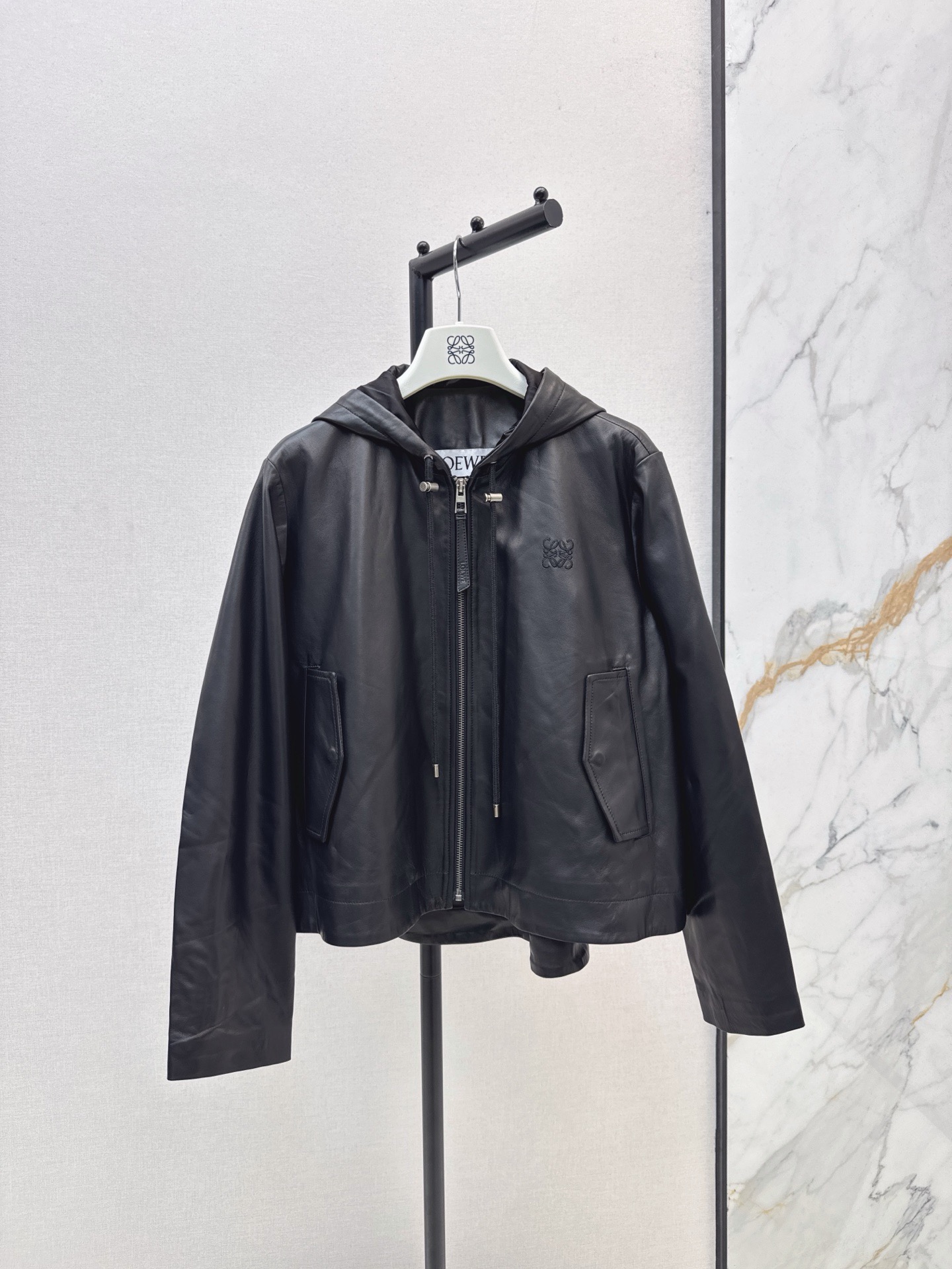 Loe 26fw leather hooded jacket
