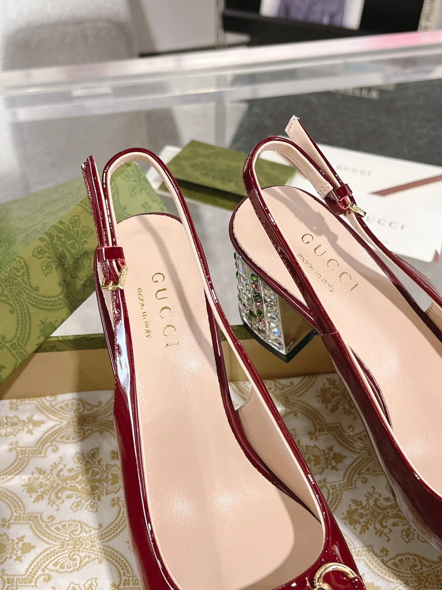 Gucc 26ss rhinestone slingback chunky heel