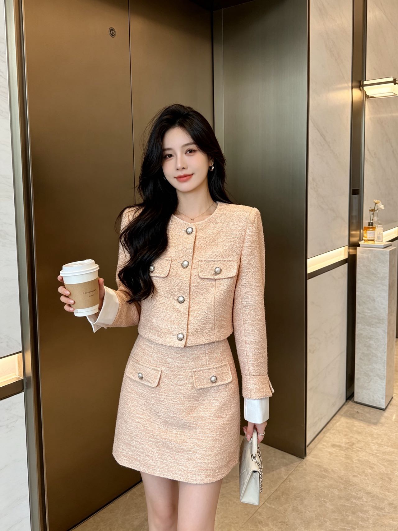 Chan 26fw cropped tweed jacket skirt sets