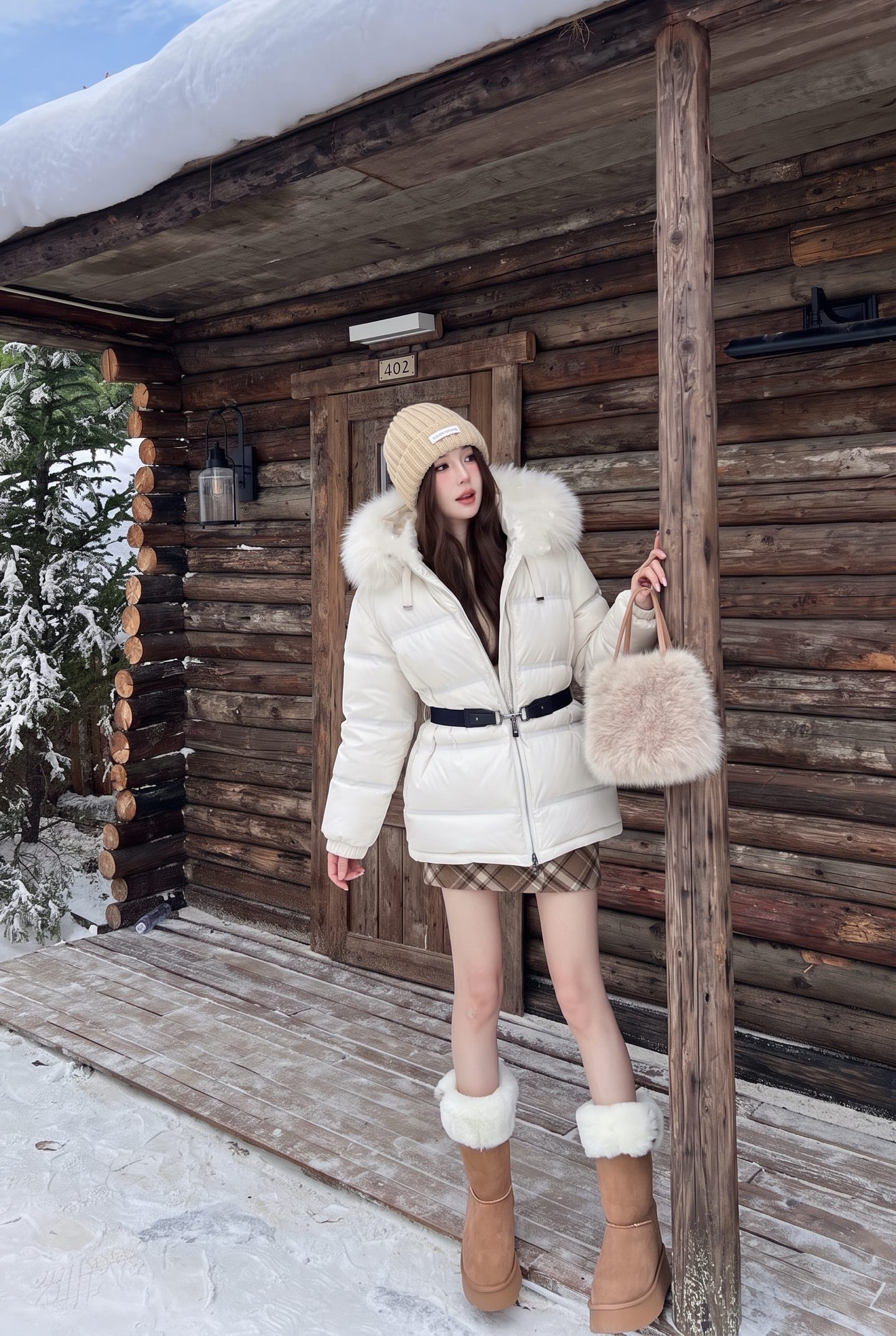 Max 26fw fur-trim hooded belted down jacket
