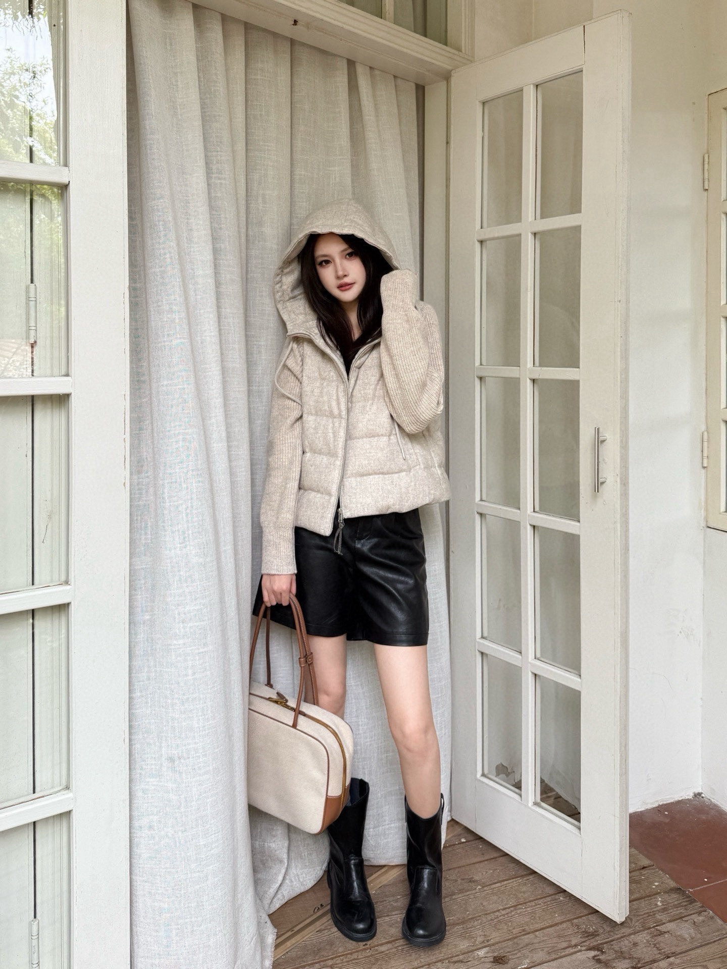 Brun 26fw knit contaract hooded down jacket