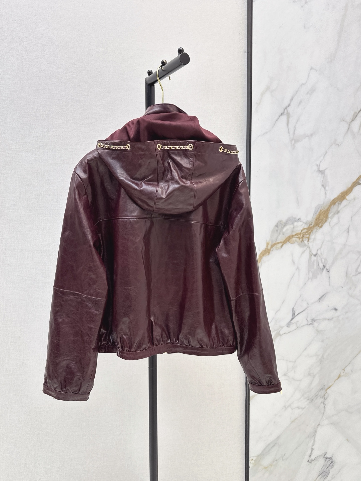Chan 26ss leather hooded jacket