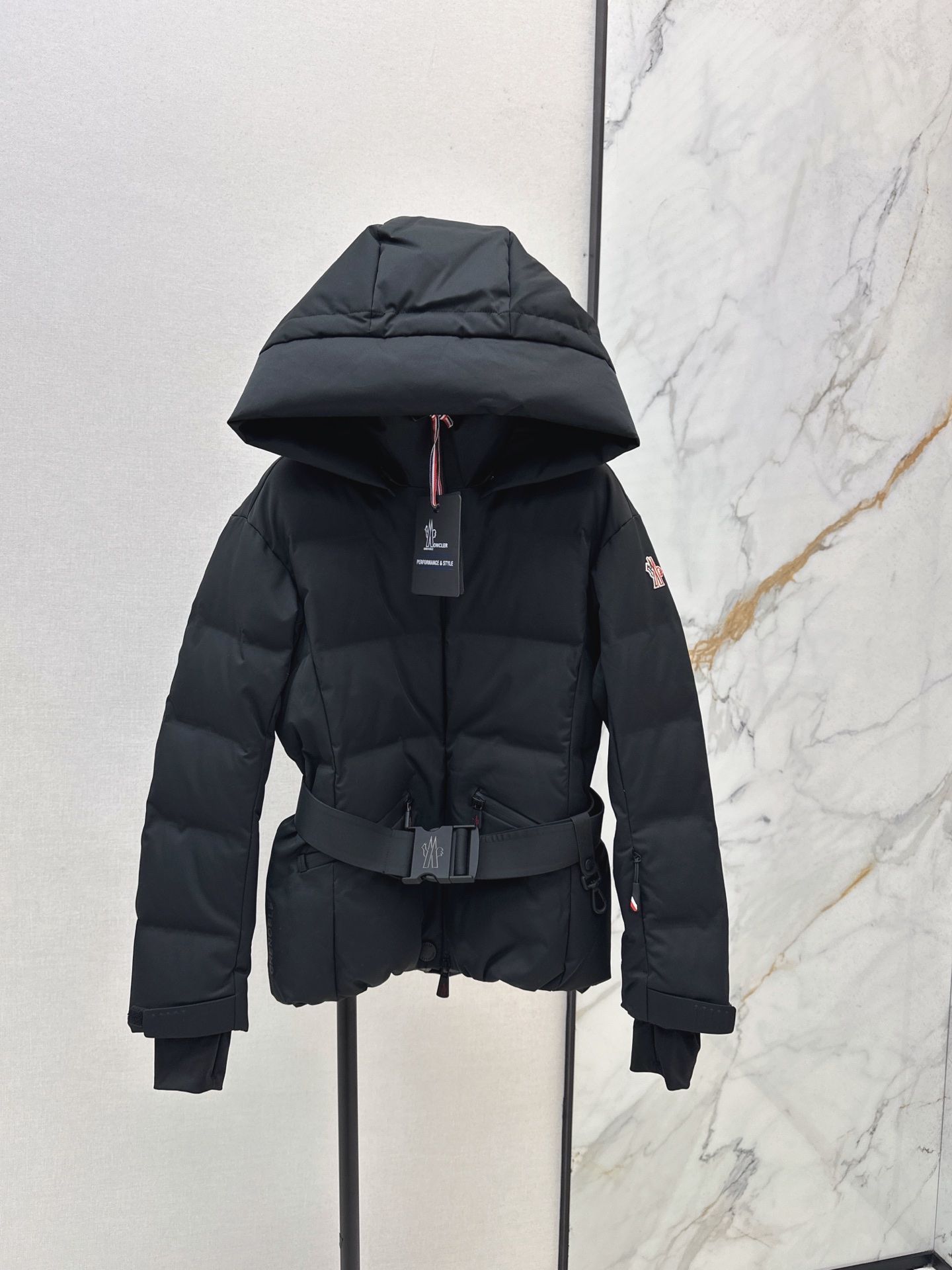 Monc 26fw belted hooded down jacket