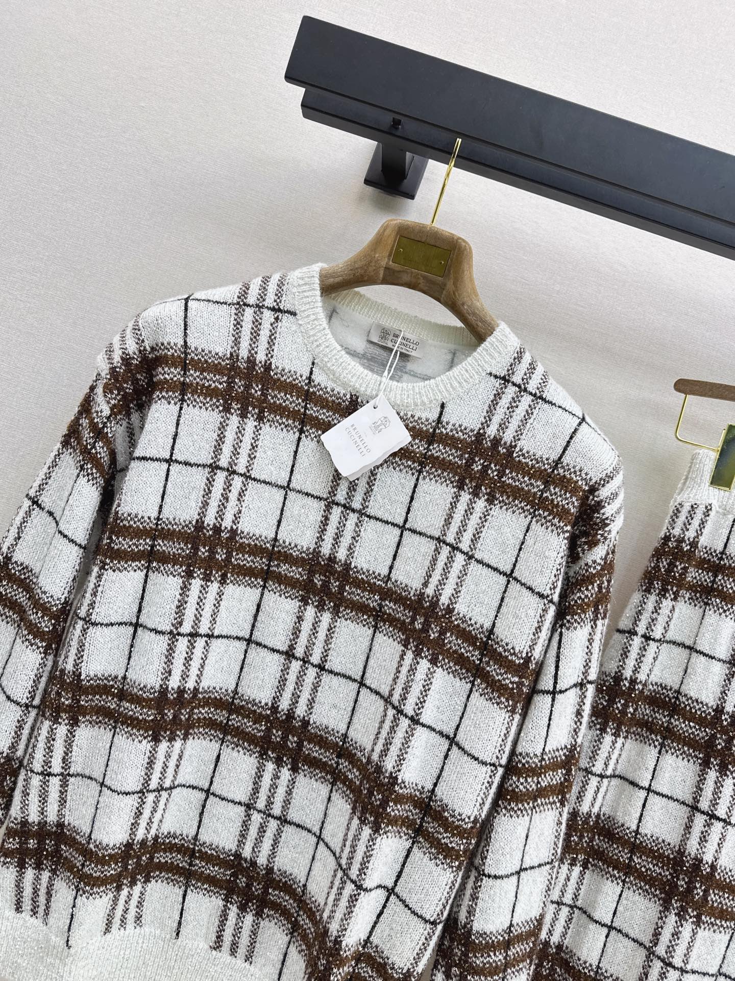 Brun 26fw check sweater skirt sets