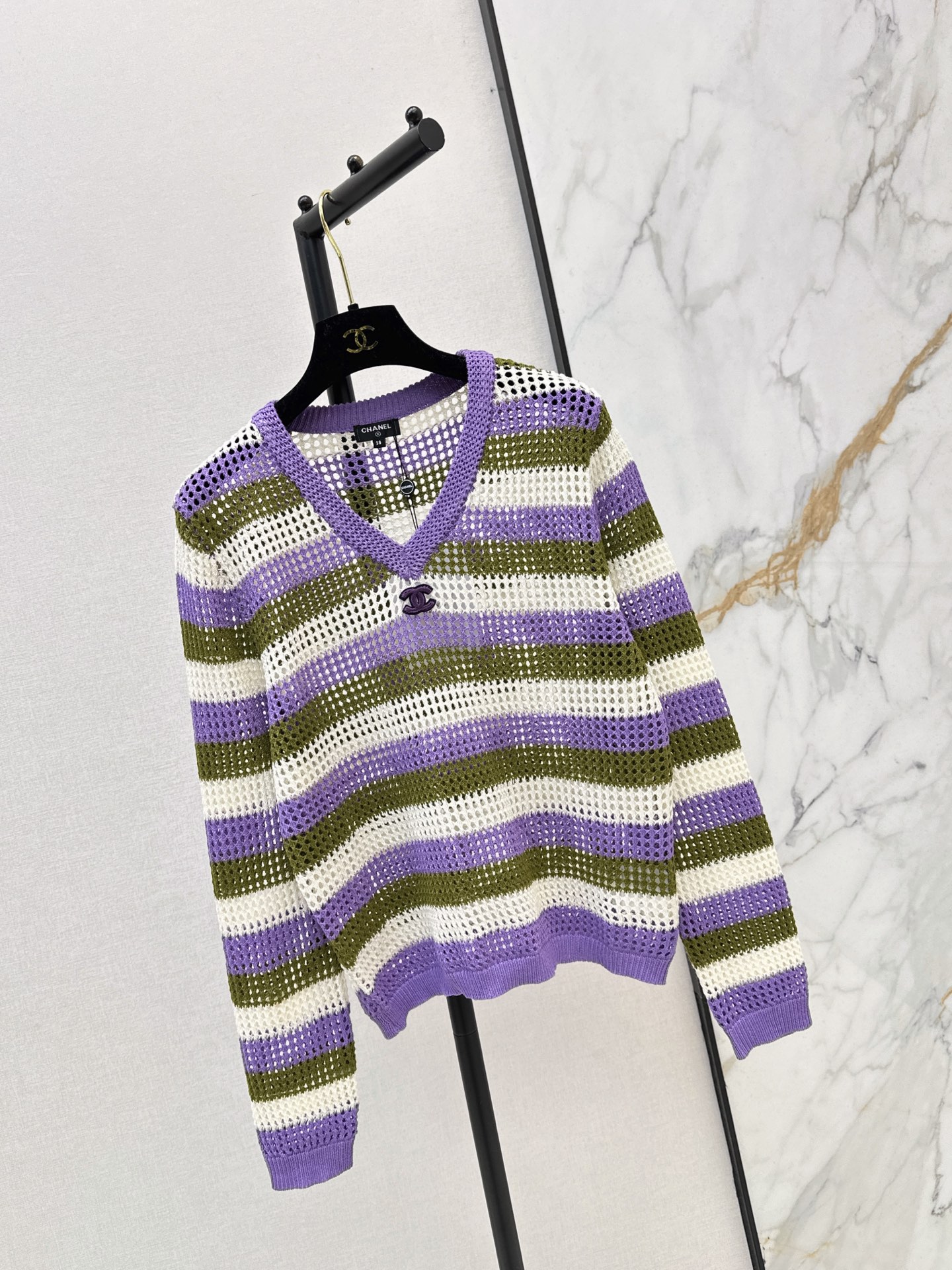 Chan 26fw stripe hollow knit sweater