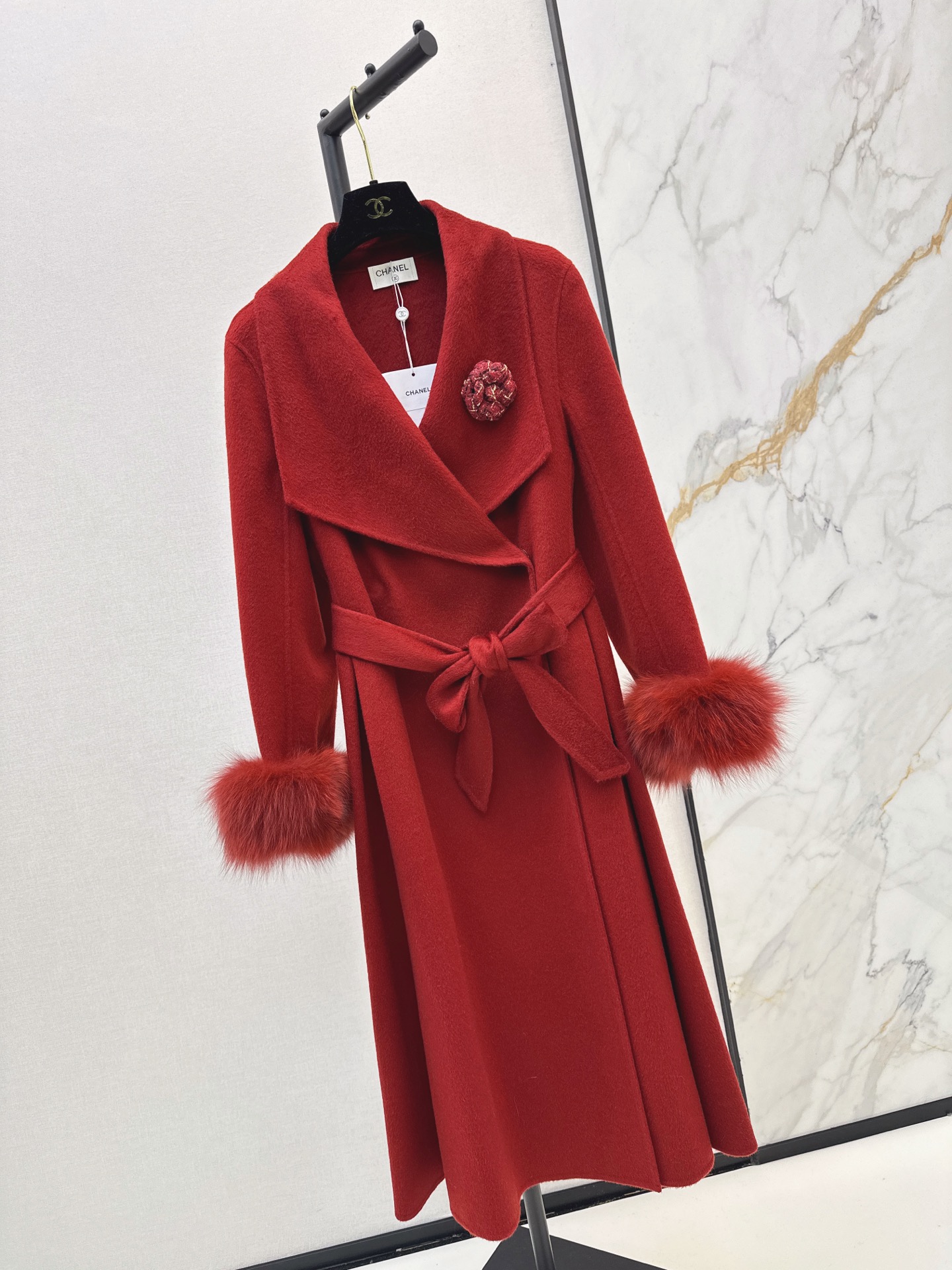 Chan 26fw belted long coat with fur-effect cuffs